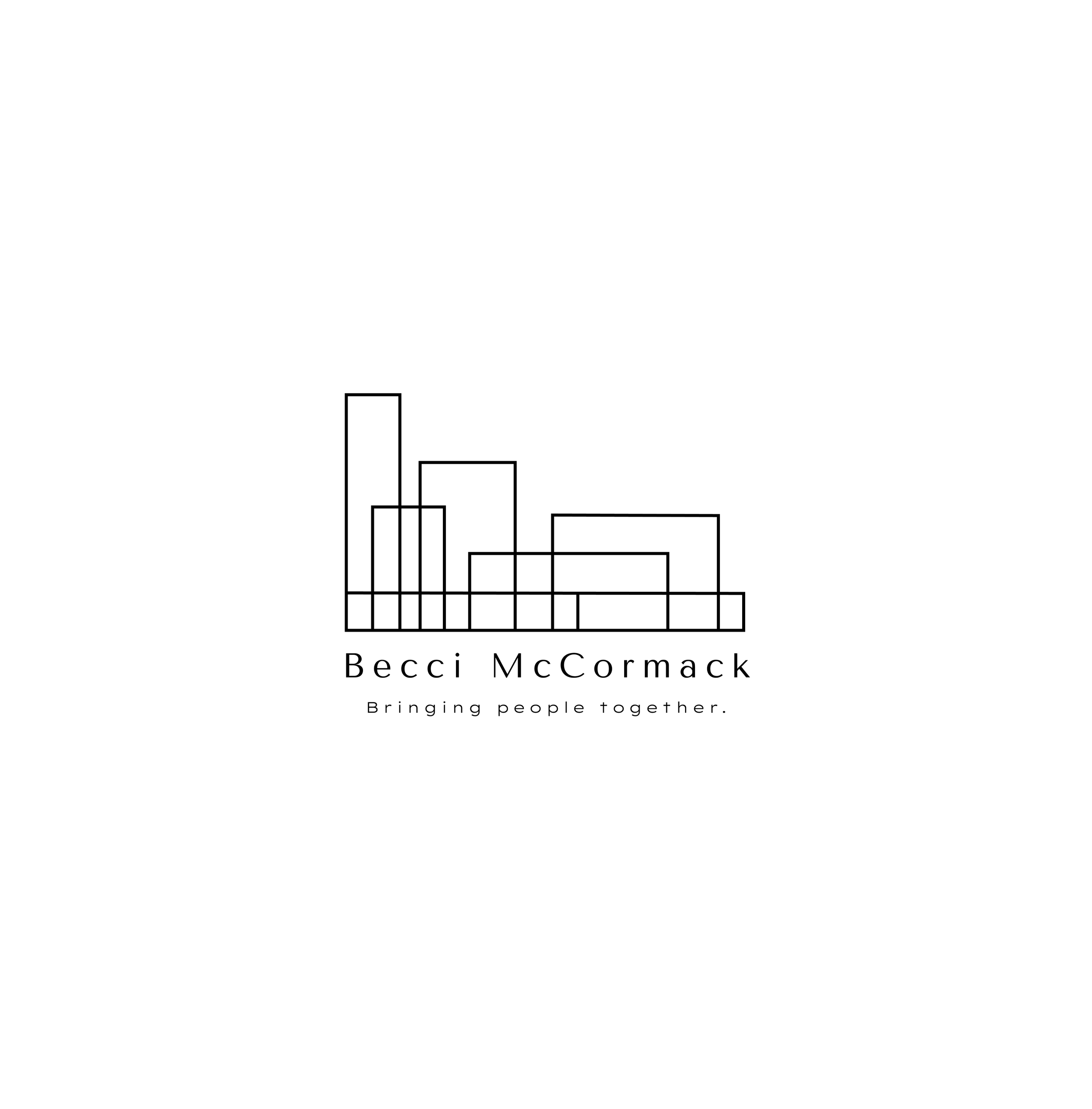 Logo with overlapping black outlines of rectangular shapes, the text 'Becci McCormack' below, and the tagline 'Bringing people together.'