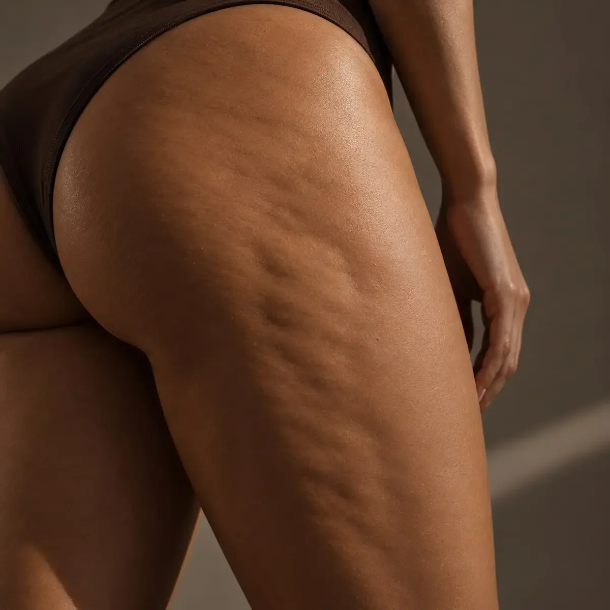 Visible cellulite on the thigh before lymphatic drainage massage treatment"