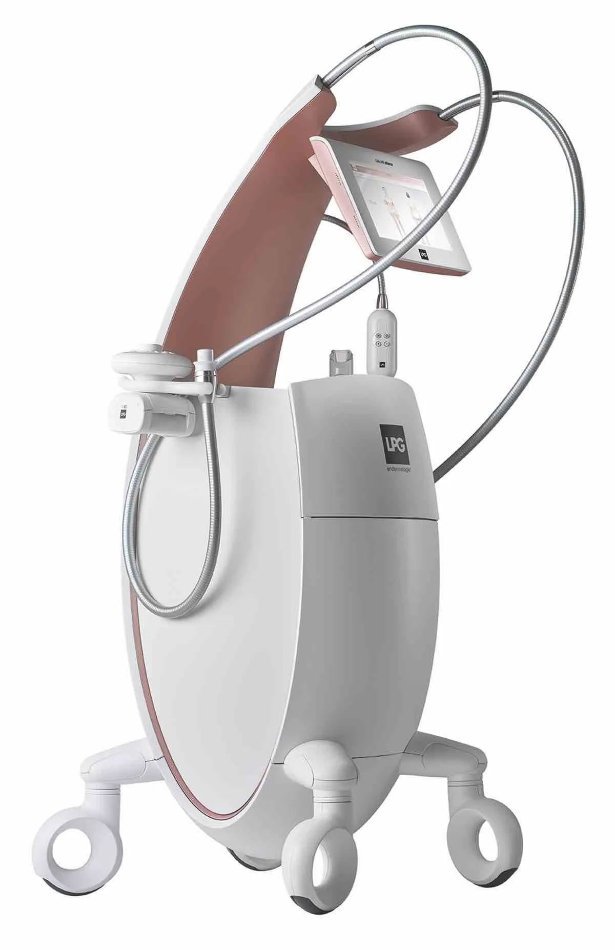 A medical device with a kidney-shaped design, multiple hoses, and a touchscreen monitor, mounted on a wheeled stand.