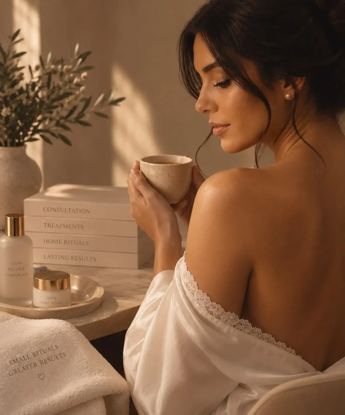 Bride relaxing with a cup of tea at The Contour Method, where they perform lymphatic drainage perfect for Brides in Melbourne