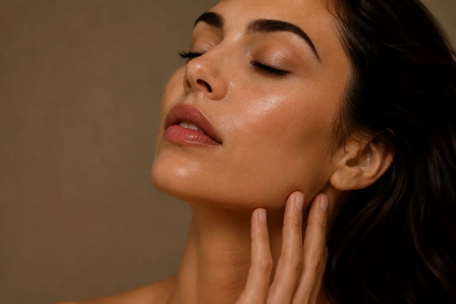 Close-up of a woman who is about to perform a lymphatic drainage face massage