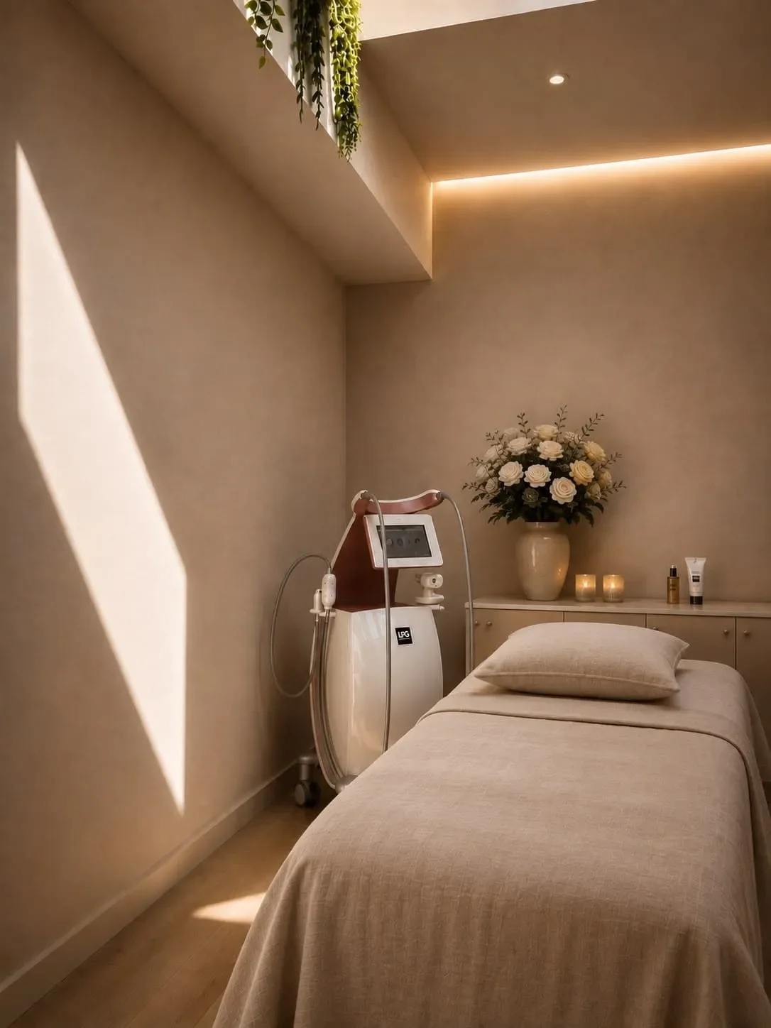 A cozy spa room with a massage bed where a therapist can perform a lymphatic drainage or cellulite massage