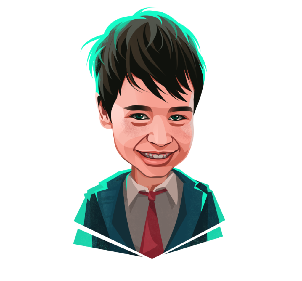 Digital illustration of a smiling child with dark hair wearing a suit and red tie.