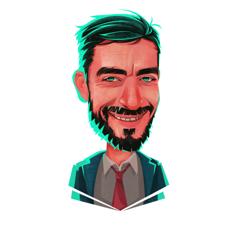 Digital caricature of a smiling man with teal hair and beard outline, wearing a suit and tie.