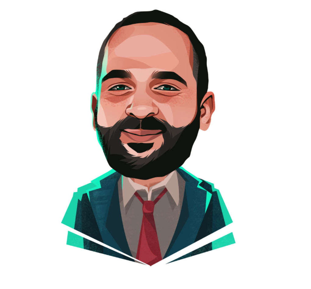 Illustration of a man in a suit with a red tie, depicted in a cartoon style with a dark beard and short hair.