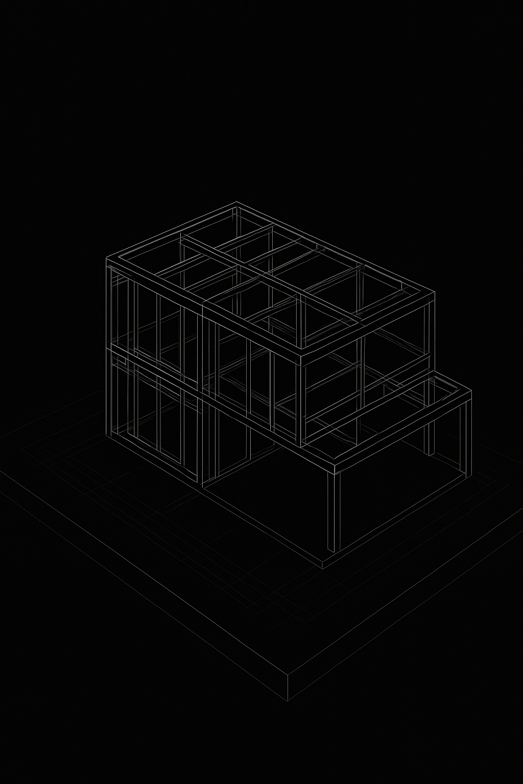 Wireframe model of a modern, multi-story building against a black background.