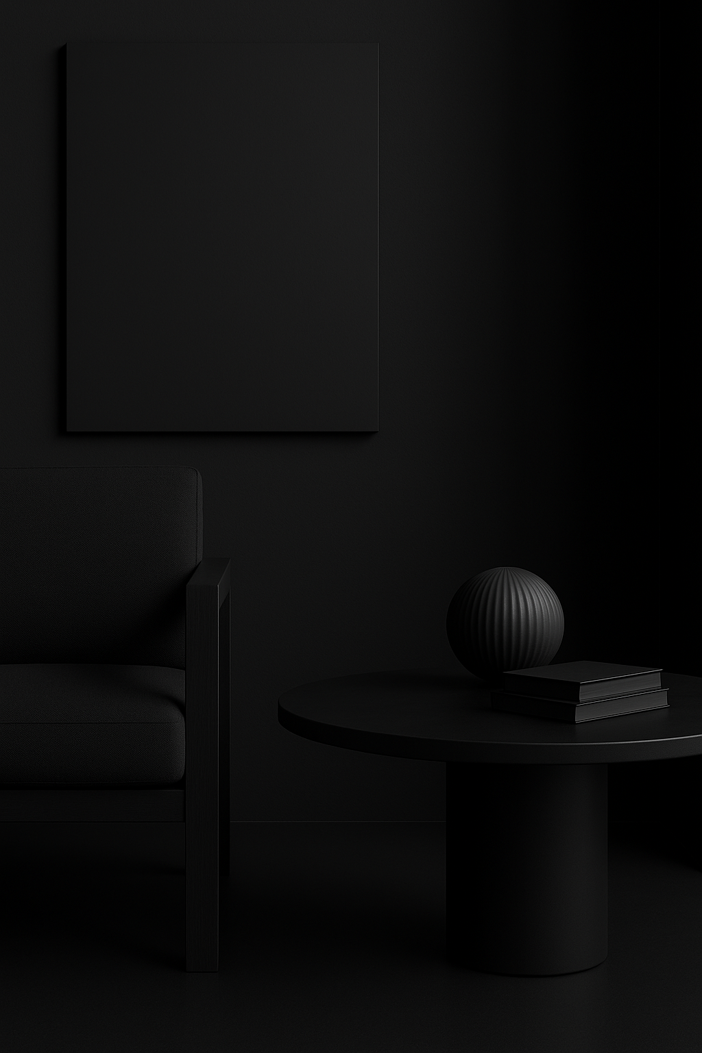 Dark minimalist interior with a black armchair, a round black side table holding a textured black ball and three stacked black books, and a square black wall art piece on a black wall.