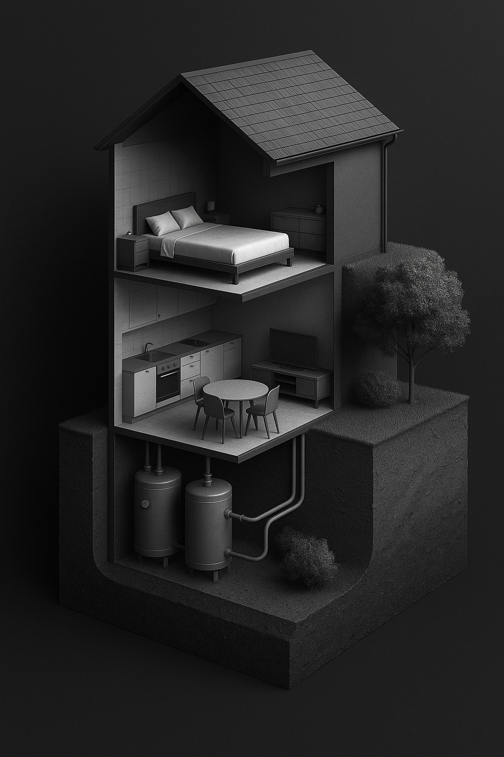 Cross-section of a modern, multi-story house with a bedroom on the upper level, a living room and kitchen on the middle level, and utility tanks below ground level, with trees outside.