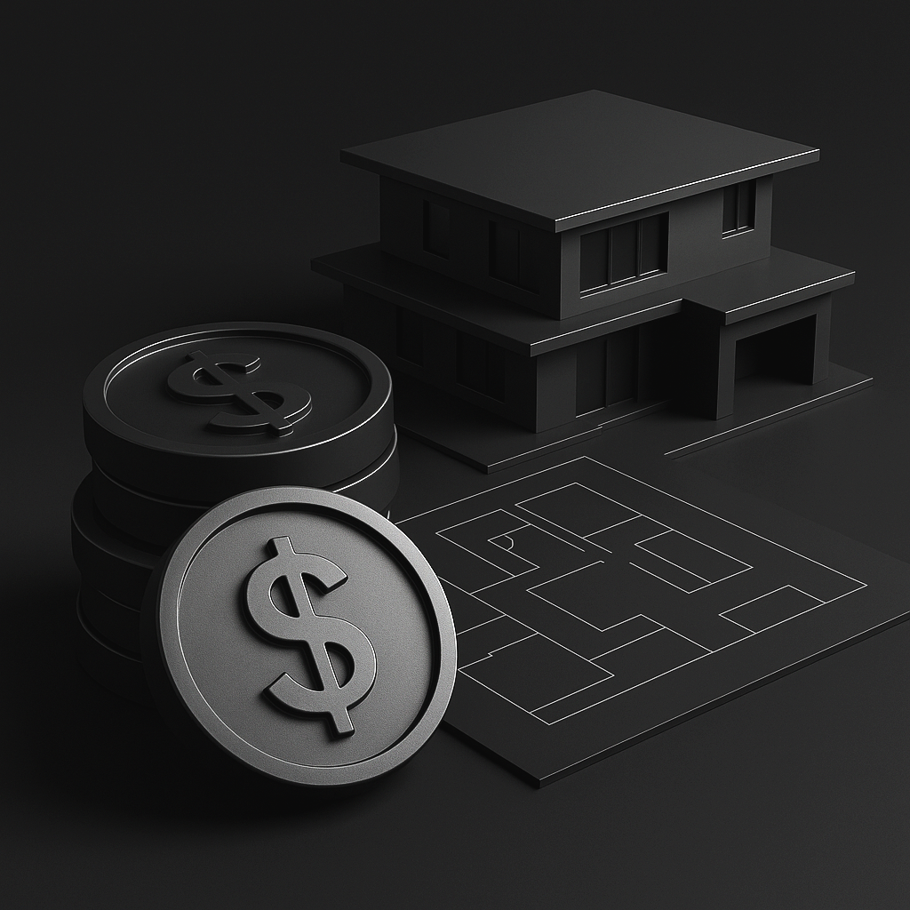 A digital rendering of a modern house model, a blueprint, and stacked coins with dollar signs, representing real estate and property investment.