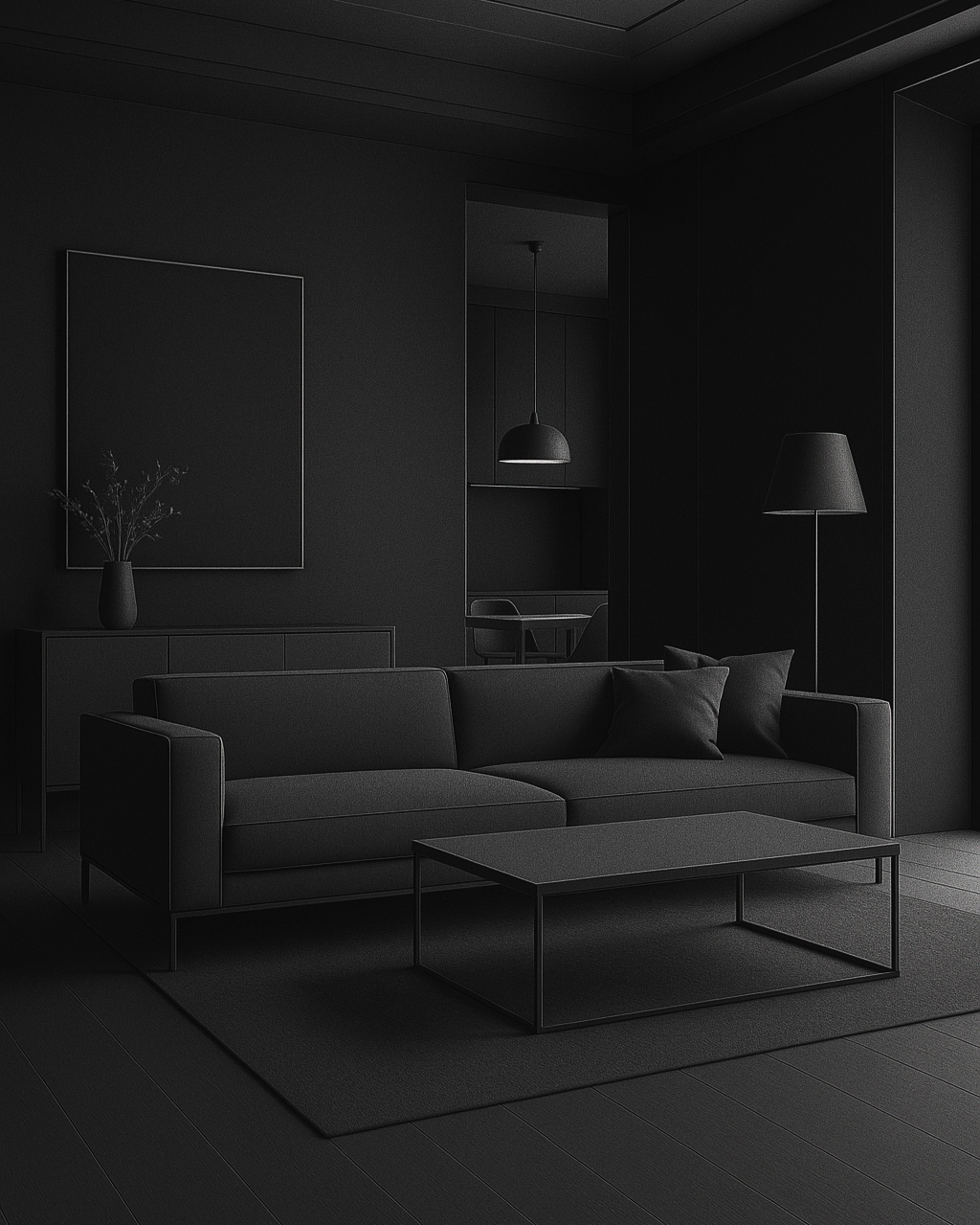 Minimalist living room with a black sofa, coffee table, floor lamp, and artwork