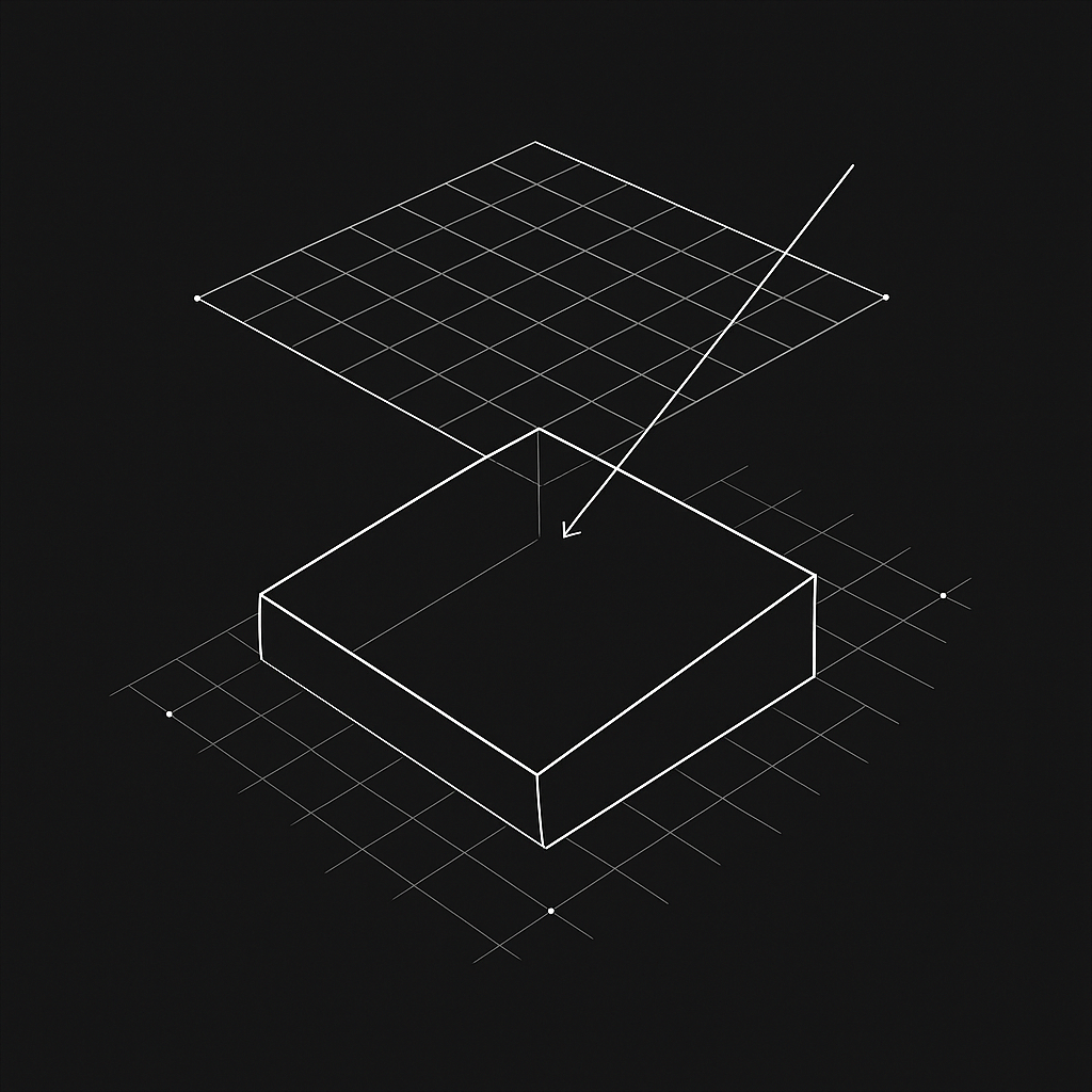 A 3D wireframe diagram showing a rectangular object with an arrow pointing to it from a grid of lines above.