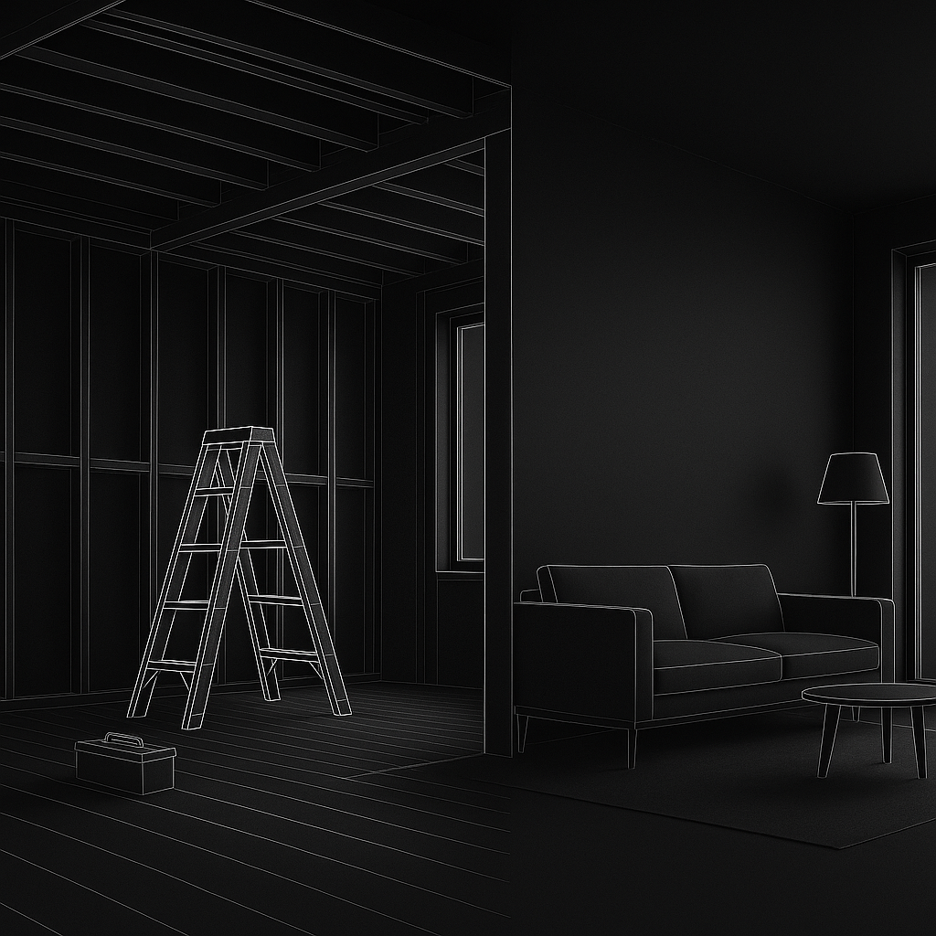 Sketch of an interior living room with a ladder, a small toolbox, a window, a sofa, a floor lamp, and a coffee table.