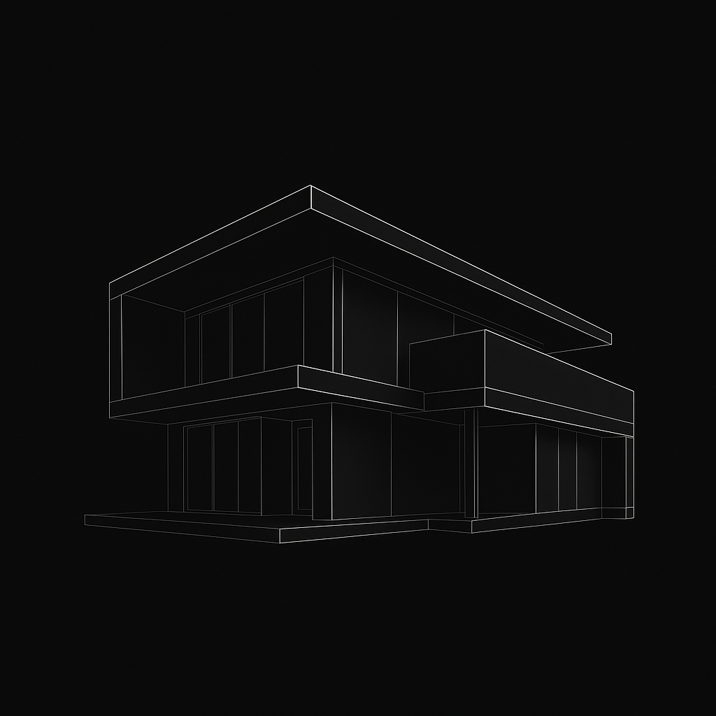 Line drawing of a modern two-story house with large windows, shown against a black background.