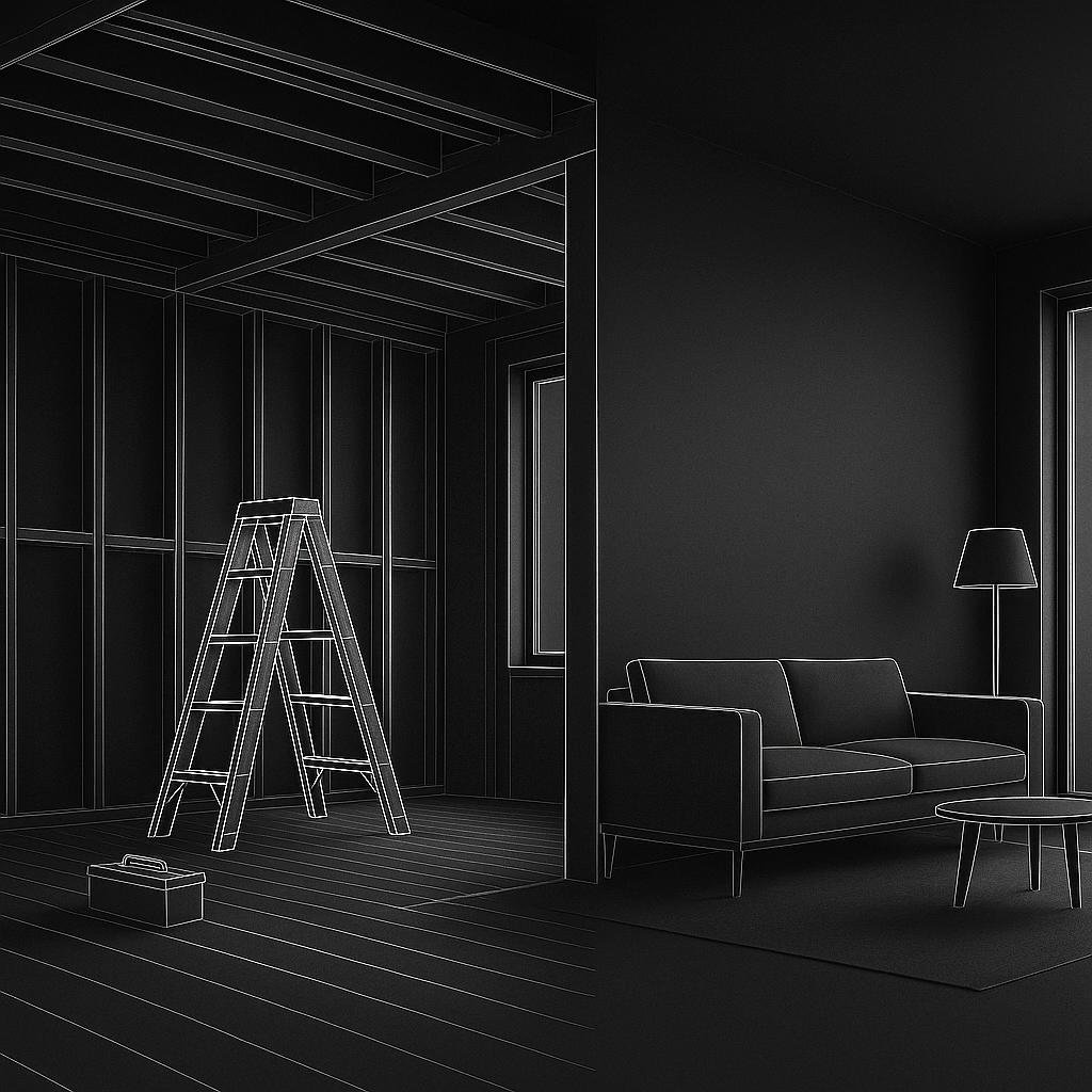 A digitally rendered, black and white wireframe illustration of a modern living room with a ladder, a sofa, a floor lamp, and a small table.