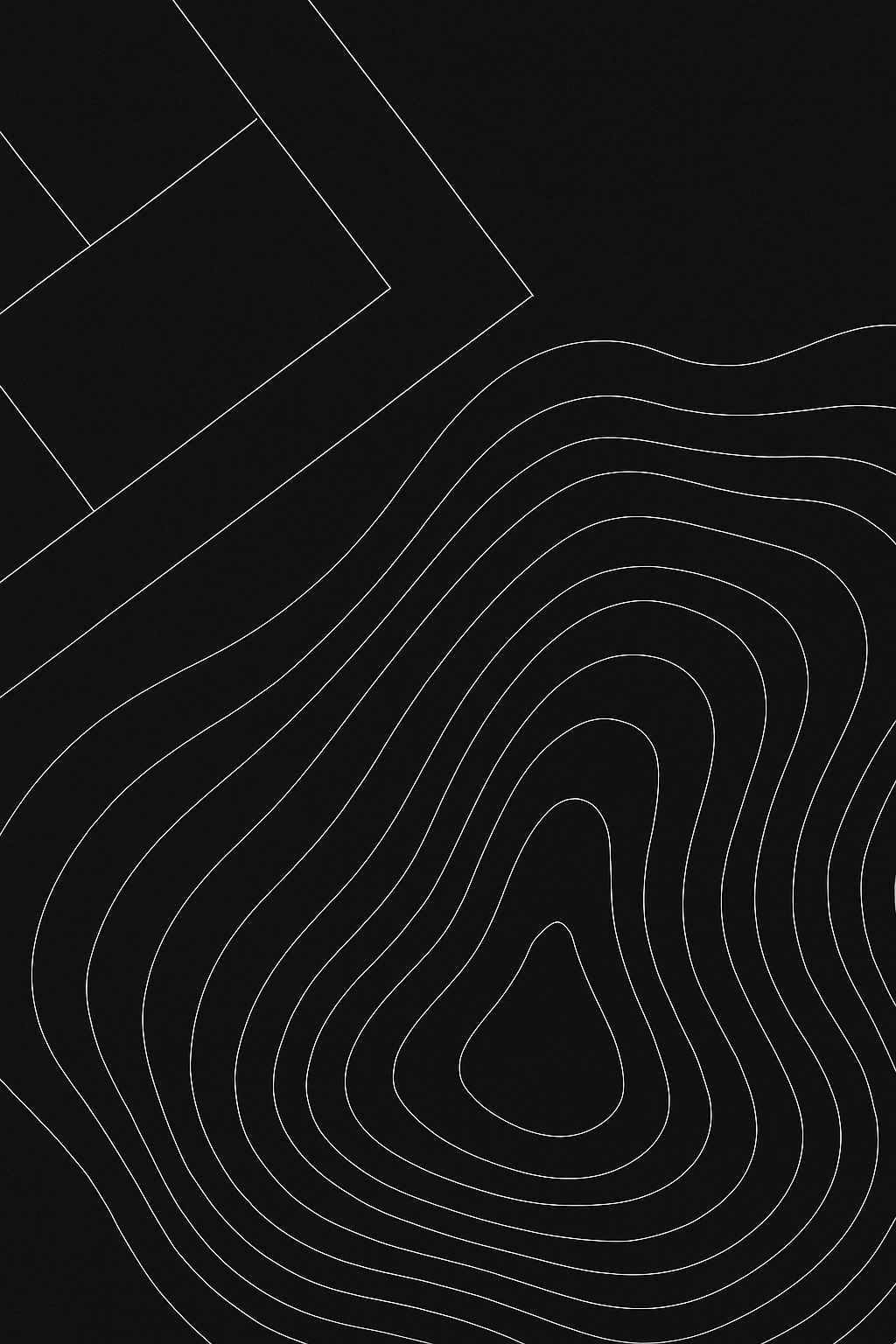 Black background with white contour lines and a partial outline of a geometric shape in the top left corner.