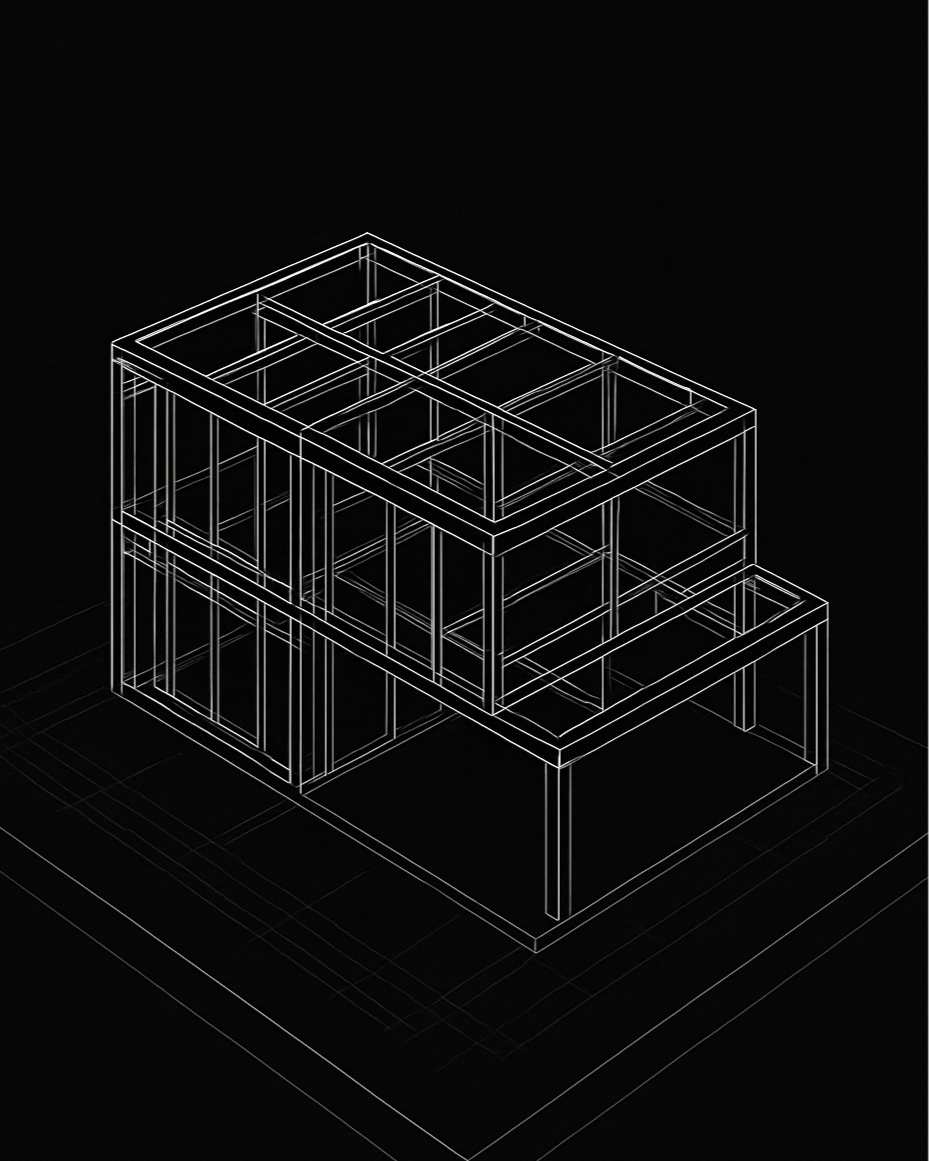 A digital wireframe model of a modern, multi-story building on a black background.