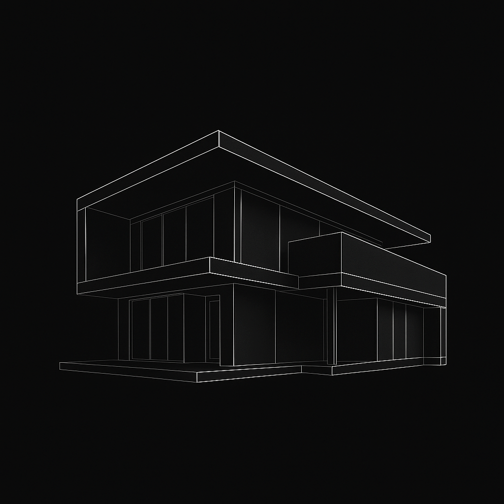 Line drawing of a modern two-story house with flat roof and large windows, on a black background.