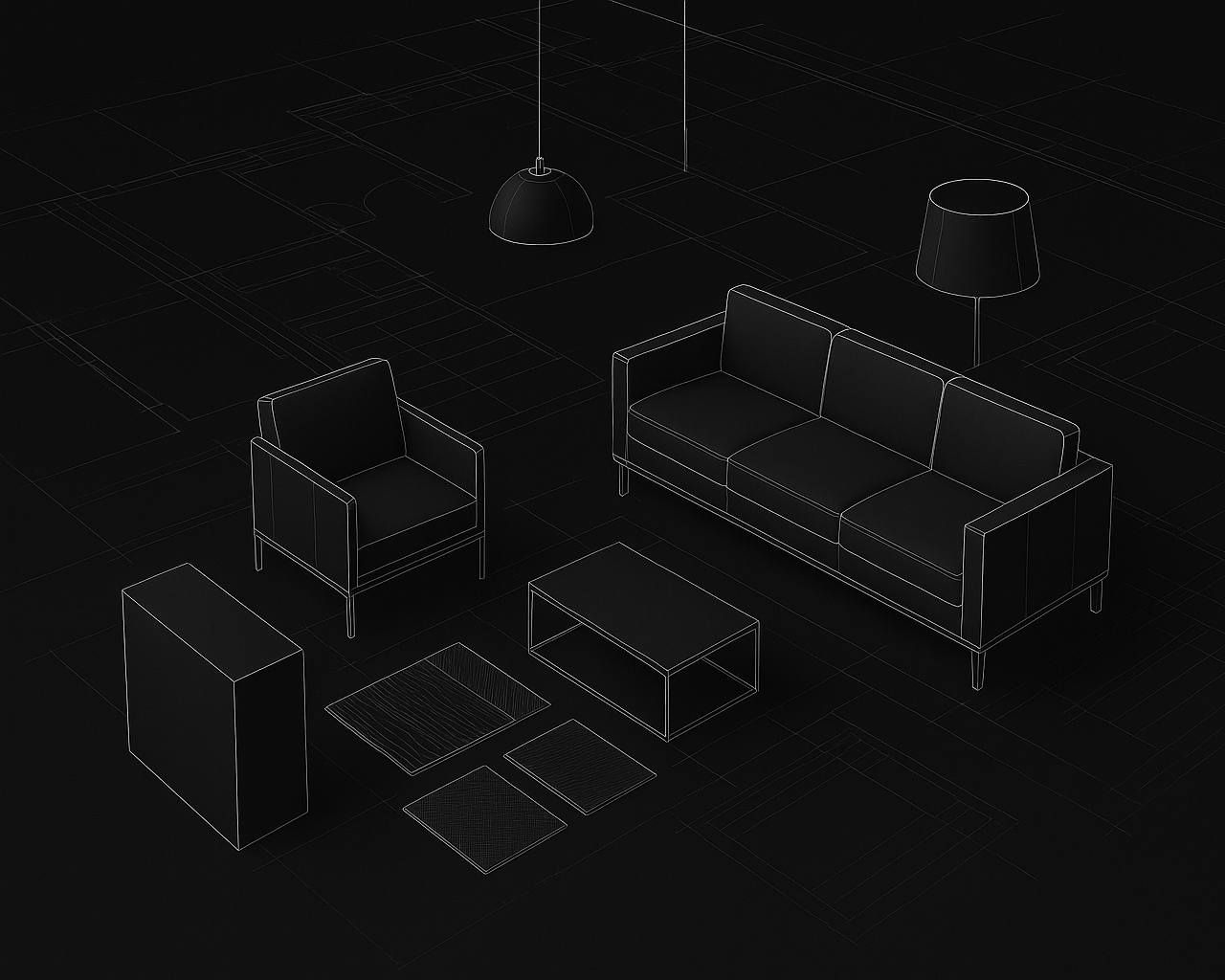 Line drawing of a living room with a sofa, armchair, coffee table, side table, floor lamp, and hanging ceiling lamp on a dark background.