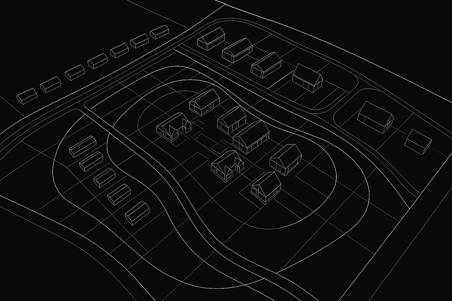Wireframe blueprint of a residential neighborhood with houses, roads, and a sports court.