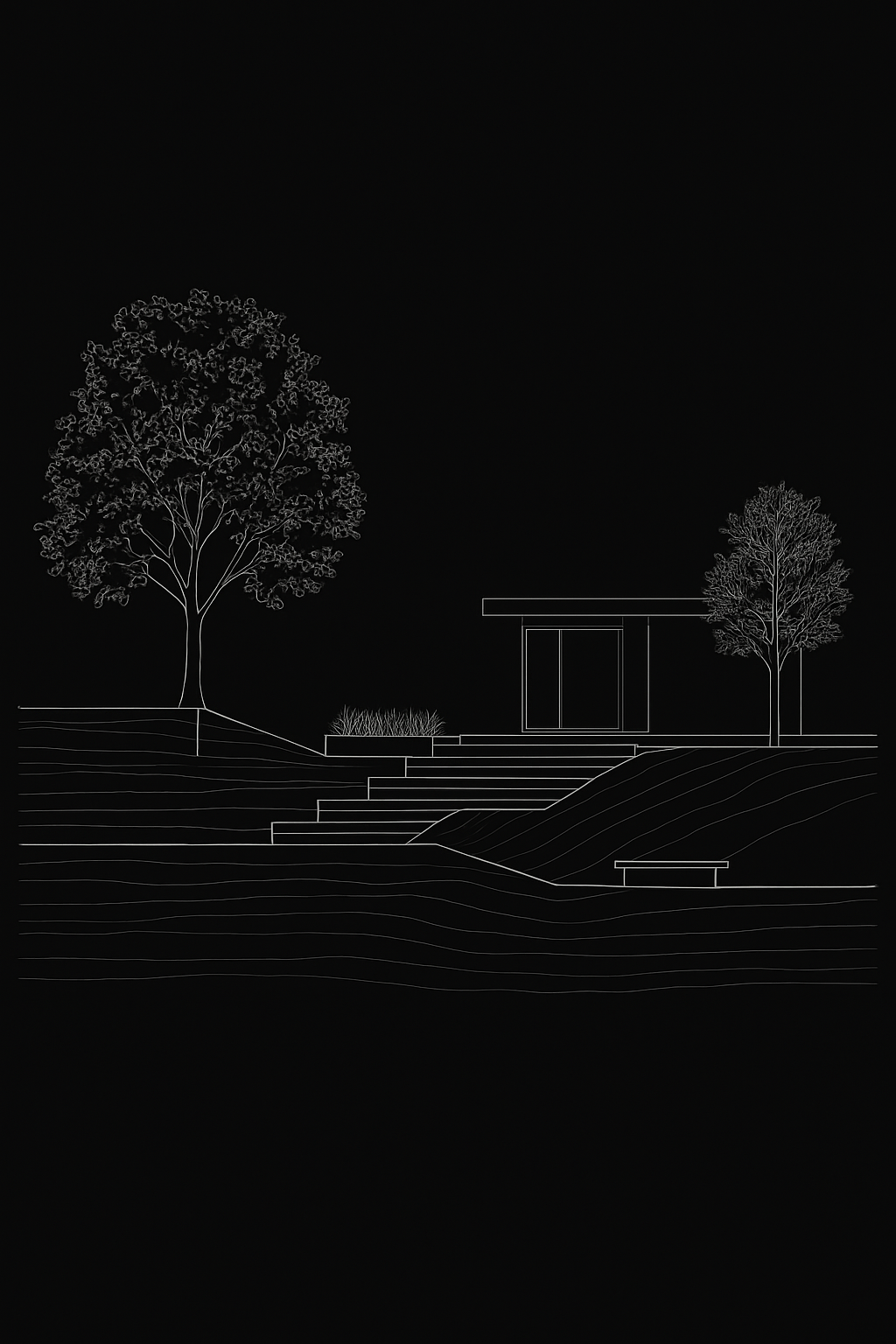 Minimalist line drawing of an outdoor scene with two trees, a small building, and terraced landscape.