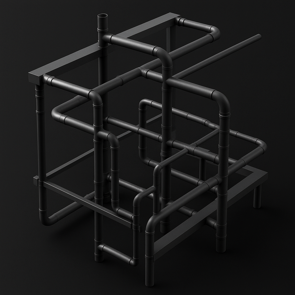 Black industrial-style pipe frame structure on a dark background.