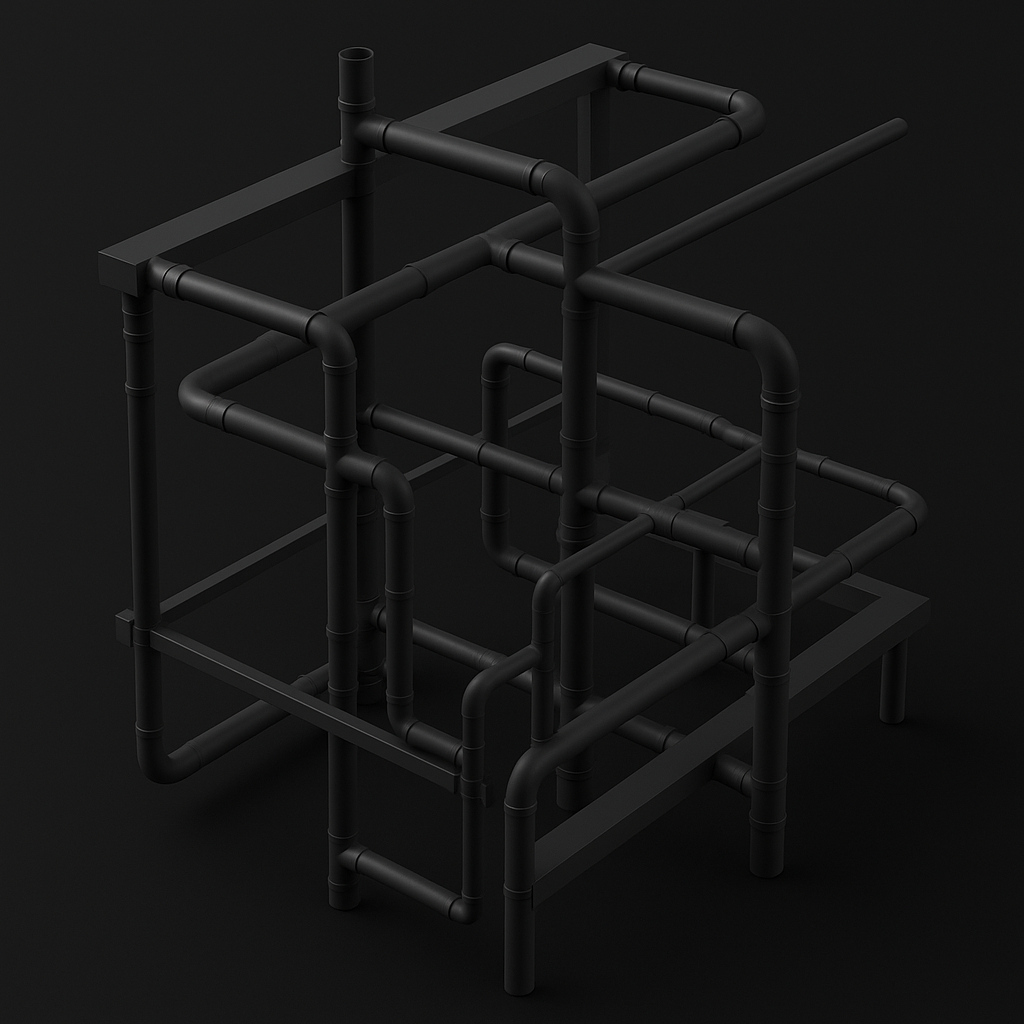 Black metal pipe structure with multiple interconnected pipes on a black background.
