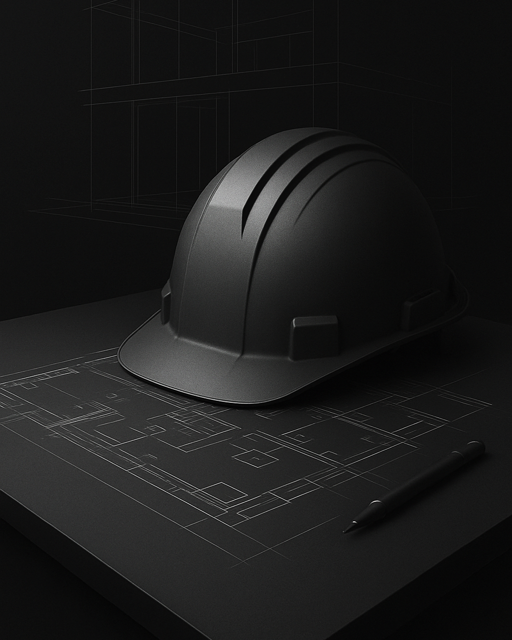 A black safety helmet resting on top of architectural blueprints with a black pen nearby, in a dark setting with subtle line drawings of buildings in the background.