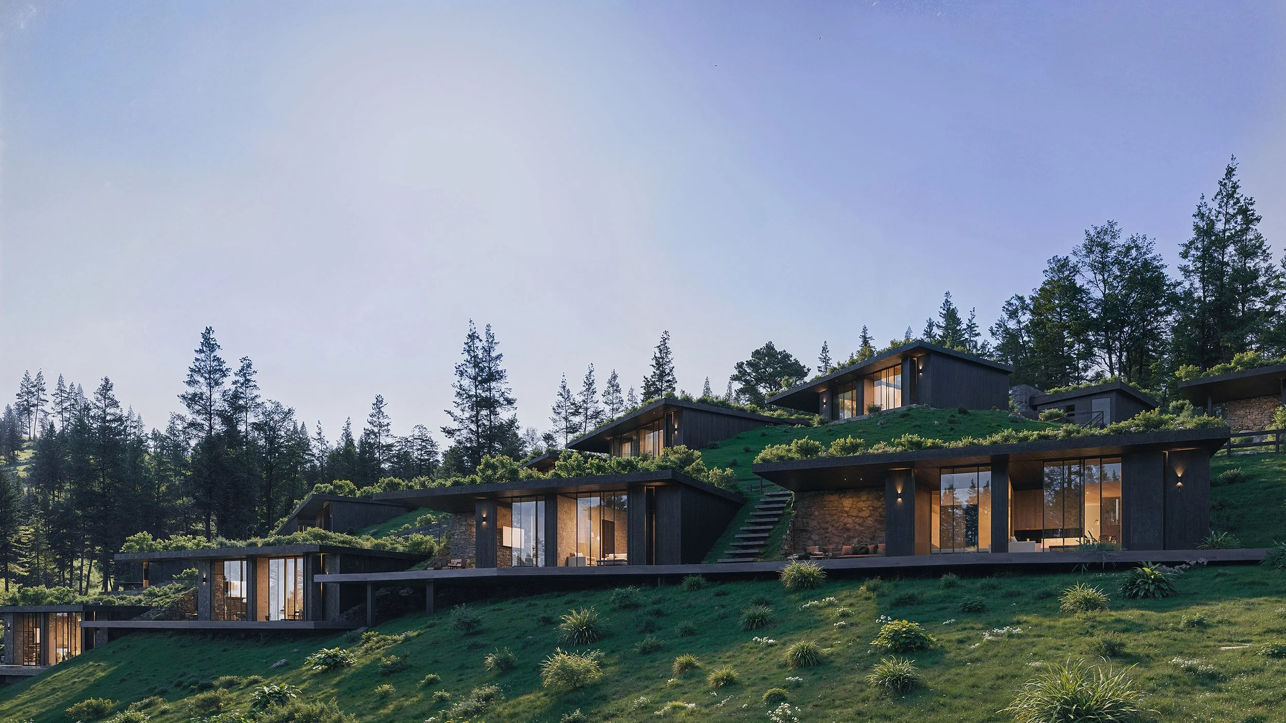 Modern multi-level houses with large glass windows on a hillside surrounded by pine trees.