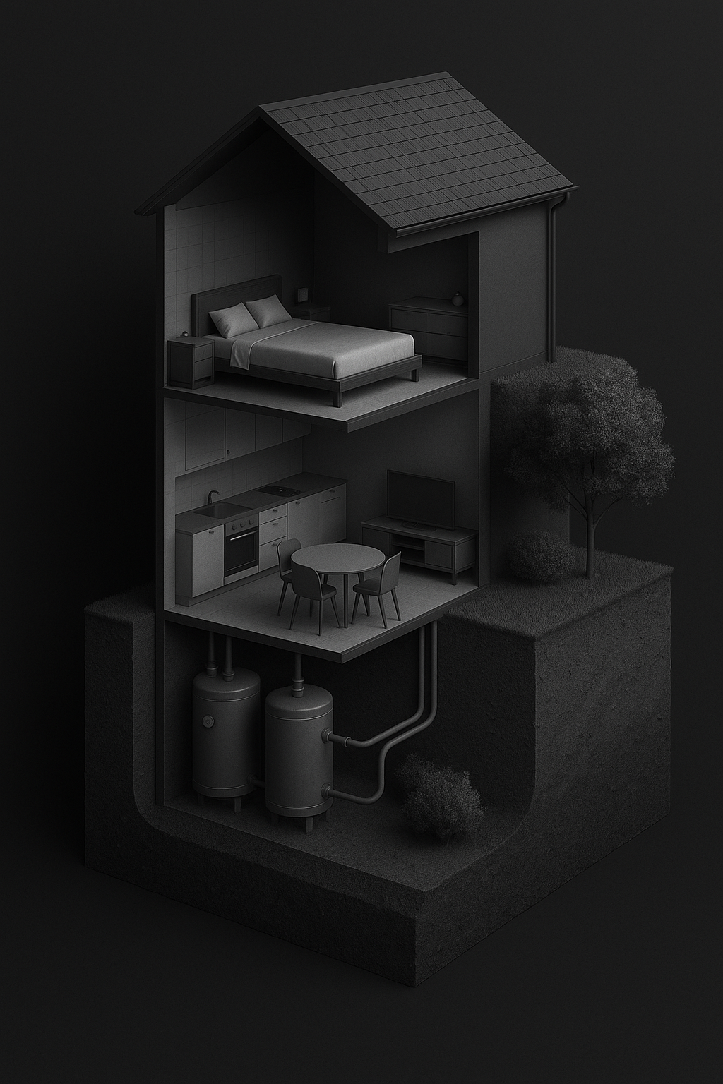 Cross-section of a modern house showing a bedroom on the top floor, a living room and kitchen on the middle floor, and a mechanical room with water tanks at the bottom.