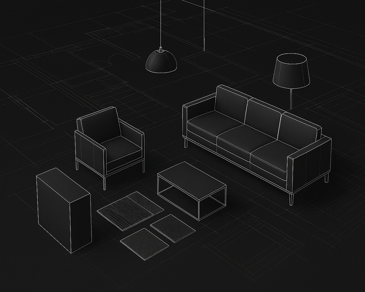 Wireframe illustration of a living room with a sofa, an armchair, a coffee table, a side table, a floor lamp, and a ceiling pendant light.