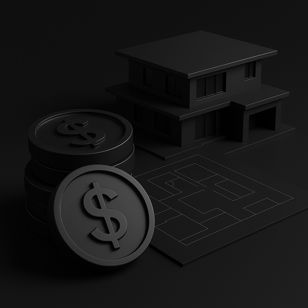 Black 3D illustration of a real estate property with a house, stacked coins with dollar signs, and a blueprint or architectural plan.