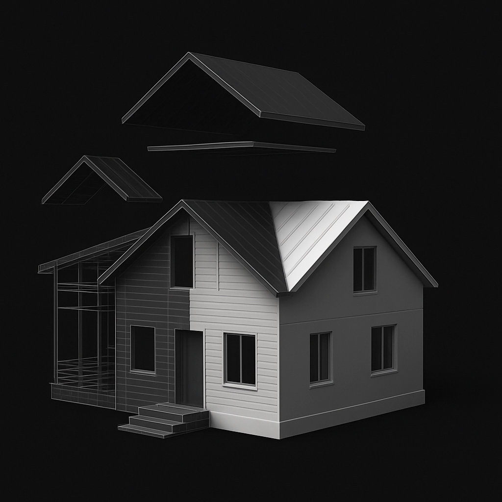 A 3D rendering of a house in black and white, with parts of the roof and structure portrayed as wireframes and in disassembled sections floating above.