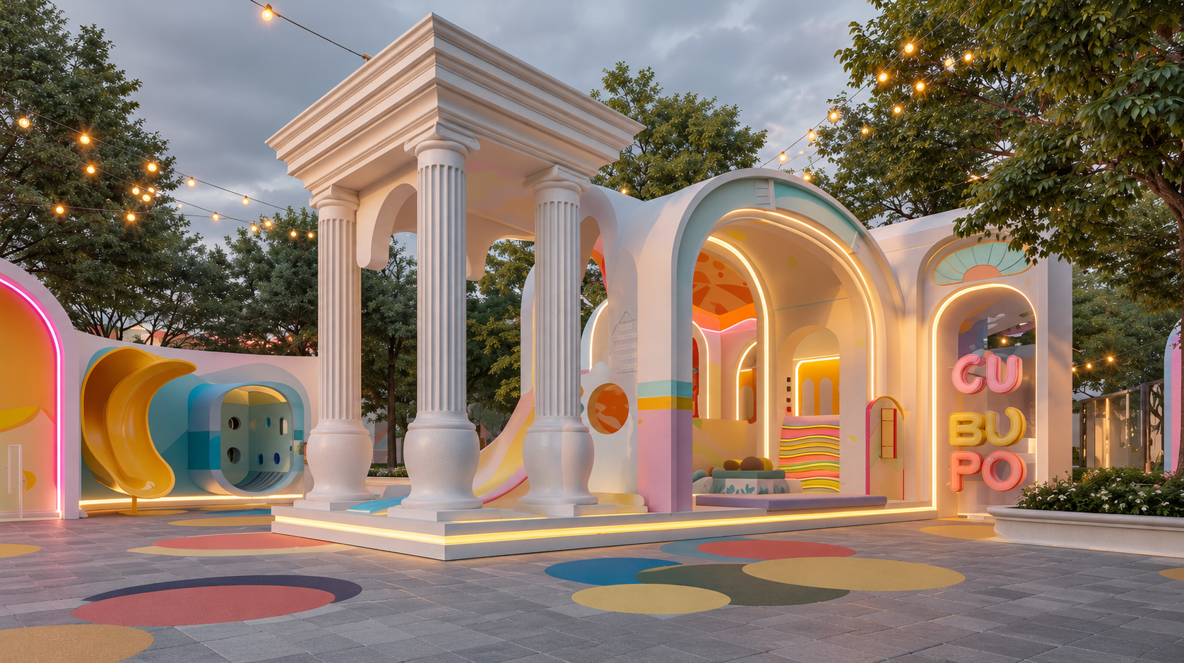 Luxury backyard with a swimming pool, lounge chairs, illuminated neon art, and glass doors in a modern mansion during nighttime.