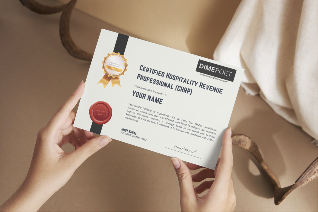 Person holding a certified hospitality revenue professional certificate from DIME POET with a gold seal, red wax seal, and signature.