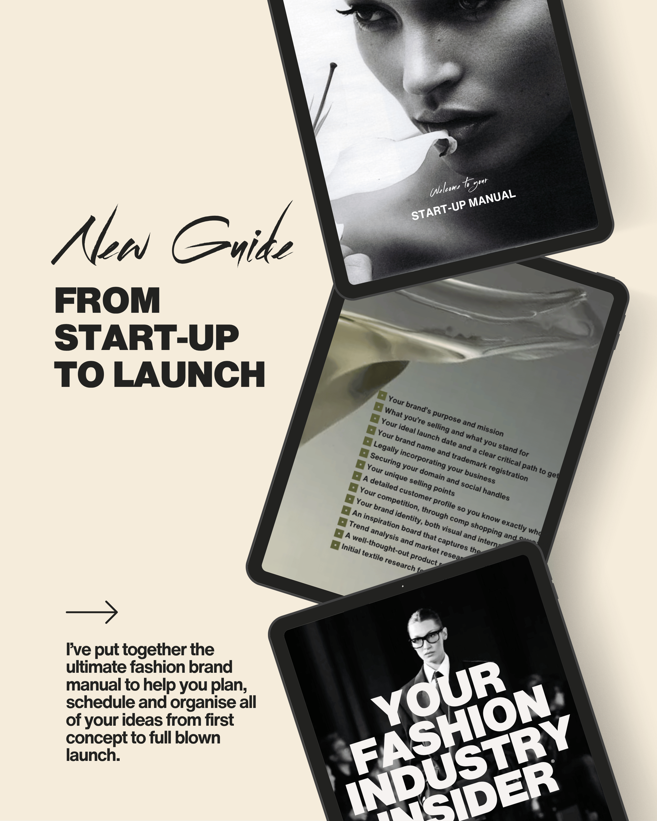 Cover of a guide titled 'New Guide from Start-Up to Launch' with images of tablets displaying a start-up manual, a business-related checklist, and a fashion industry magazine.