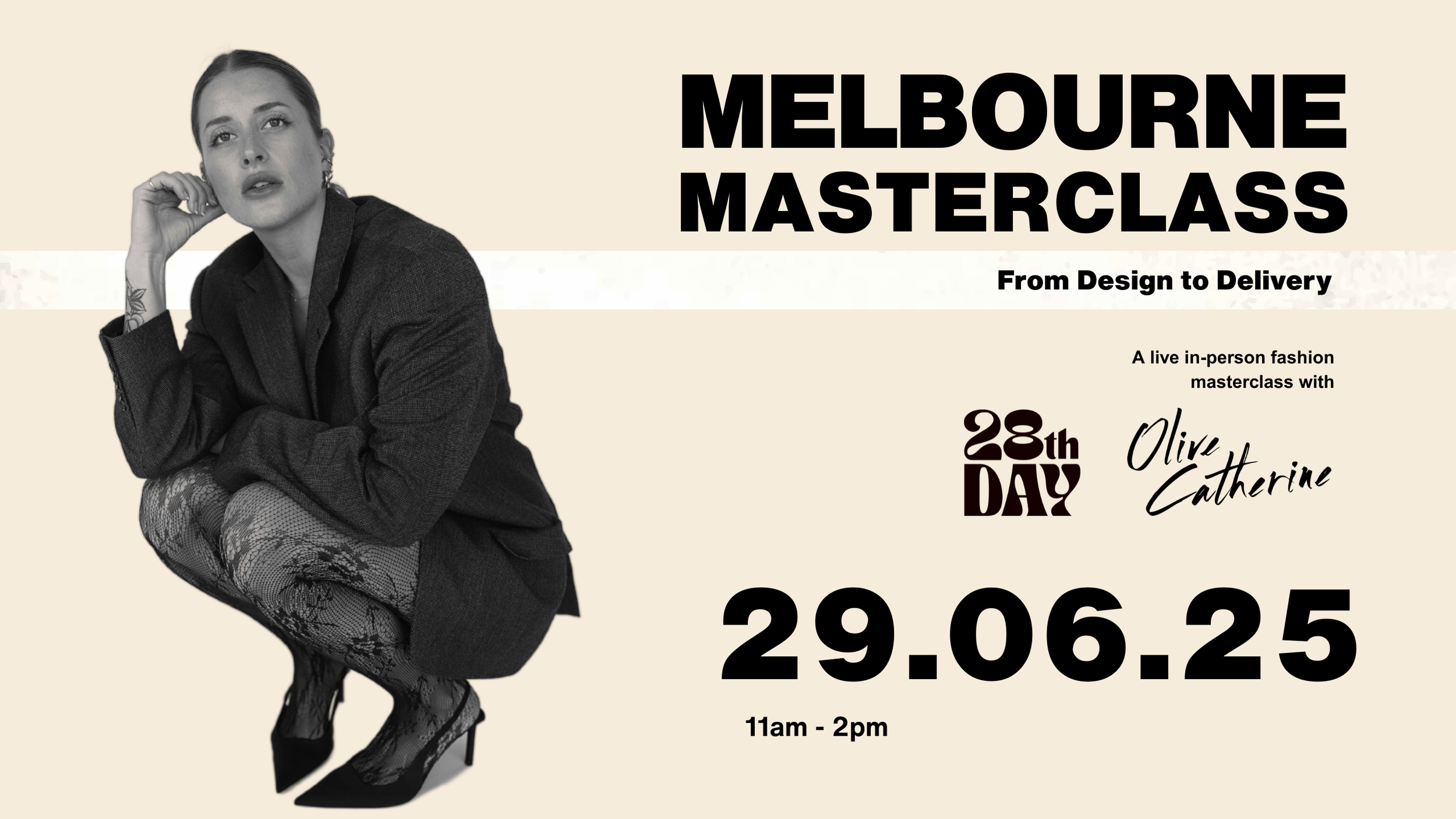 A promotional poster for the Melbourne Masterclass featuring a woman in black and white, wearing a blazer, fishnet stockings, and high heels, with event details including date, time, and host.