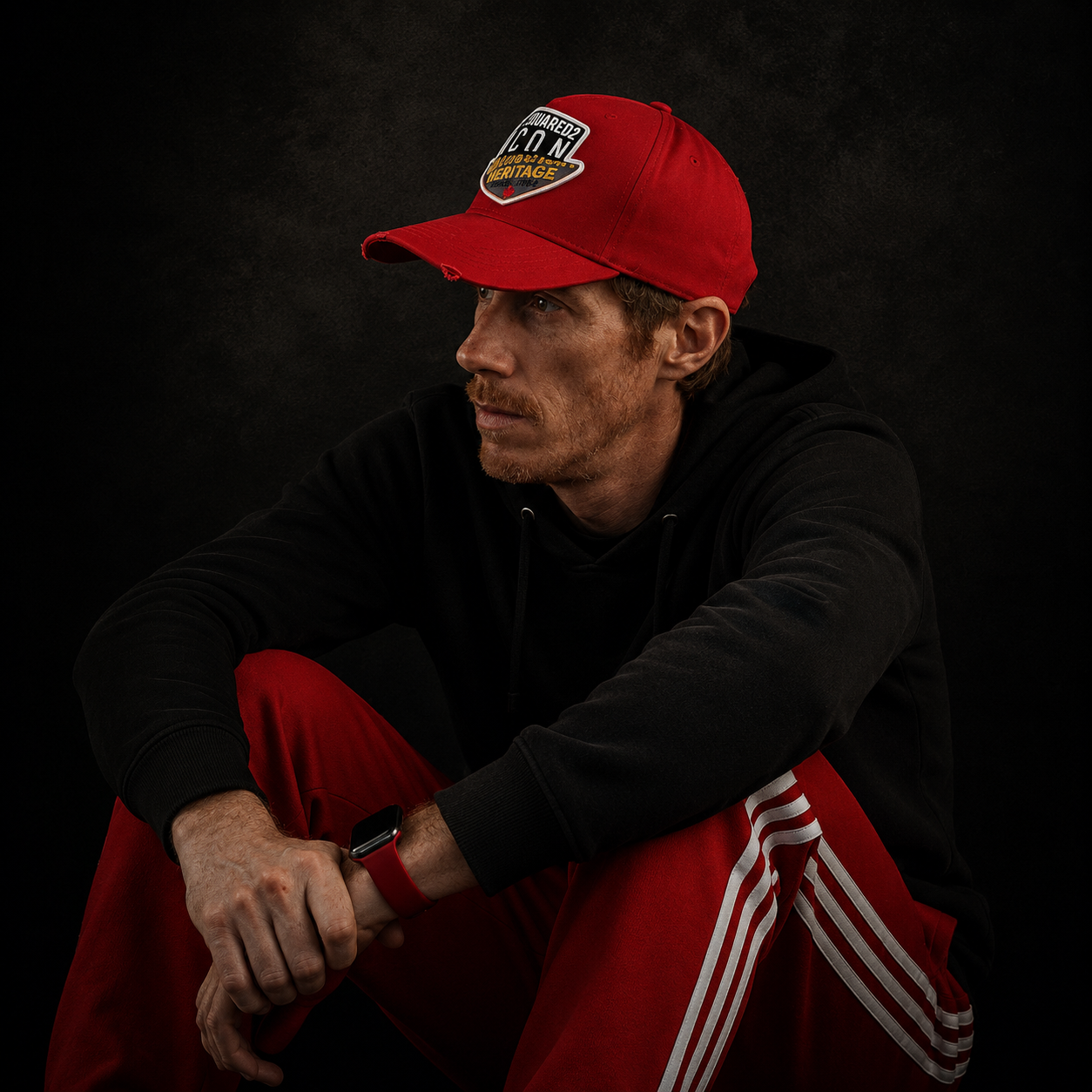 Ragazzo seduto con abbigliamento sportivo, cappellino rosso e smartwatch, sfondo scuro.