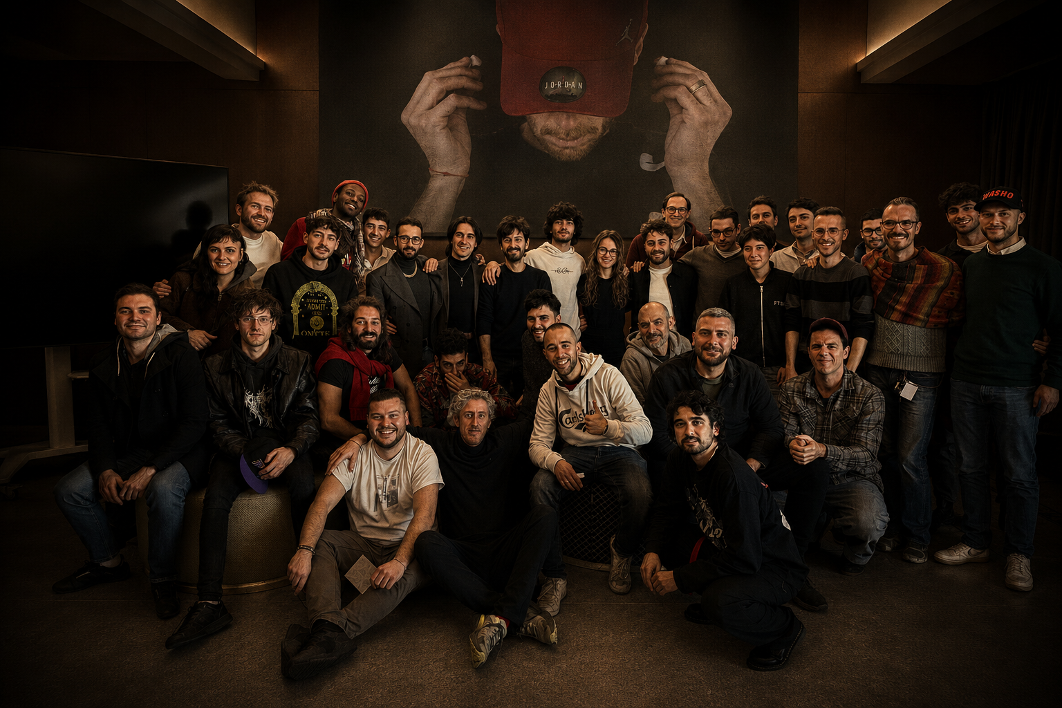 Gruppo di persone sorridenti in pose diverse davanti a un grande quadro di un uomo con una cuffia VR. L'ambiente è una stanza con pareti scure e illuminazione soffusa.