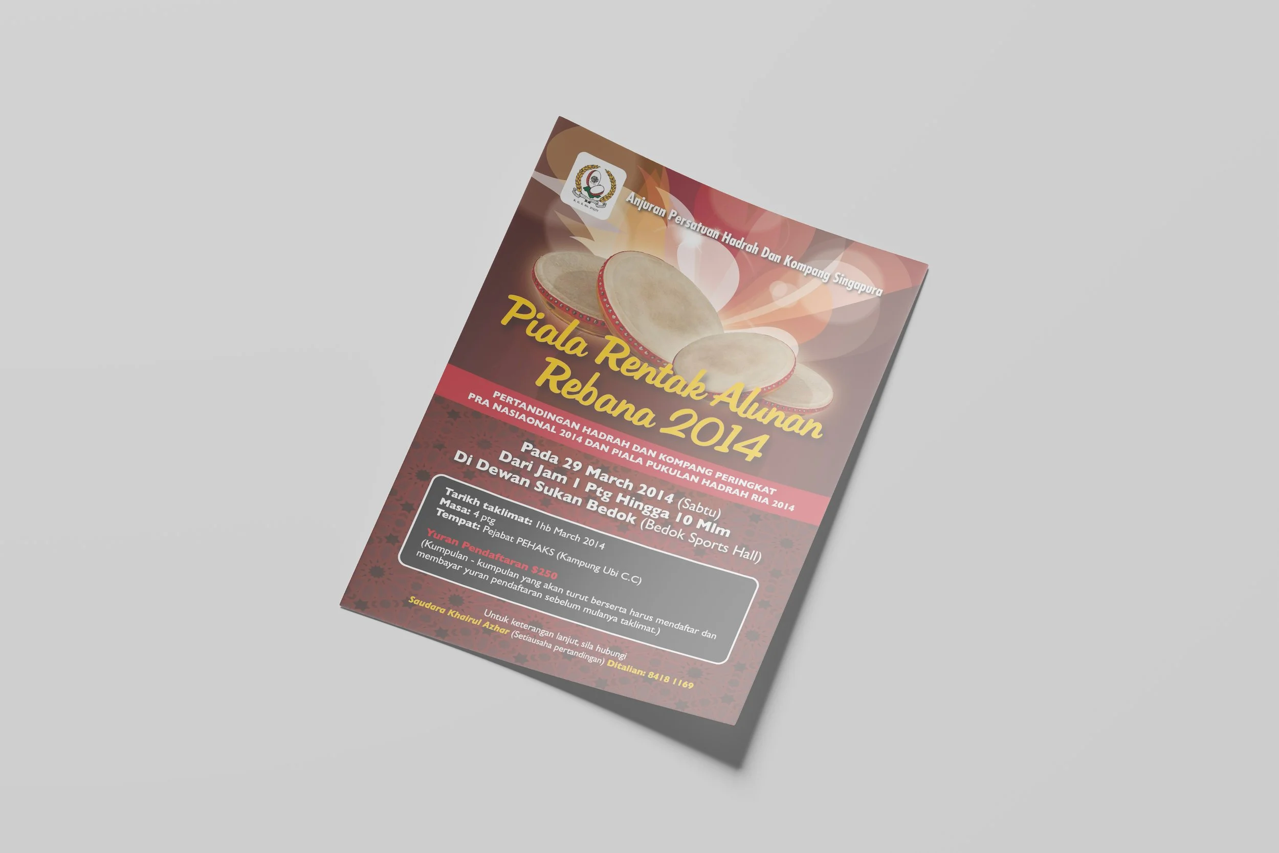 Event flyer for "Piala Rentak Alunan Rebana 2014," featuring a Hadrah and Kompang competition on March 29, 2014, at Bedok Sports Hall, Singapore.