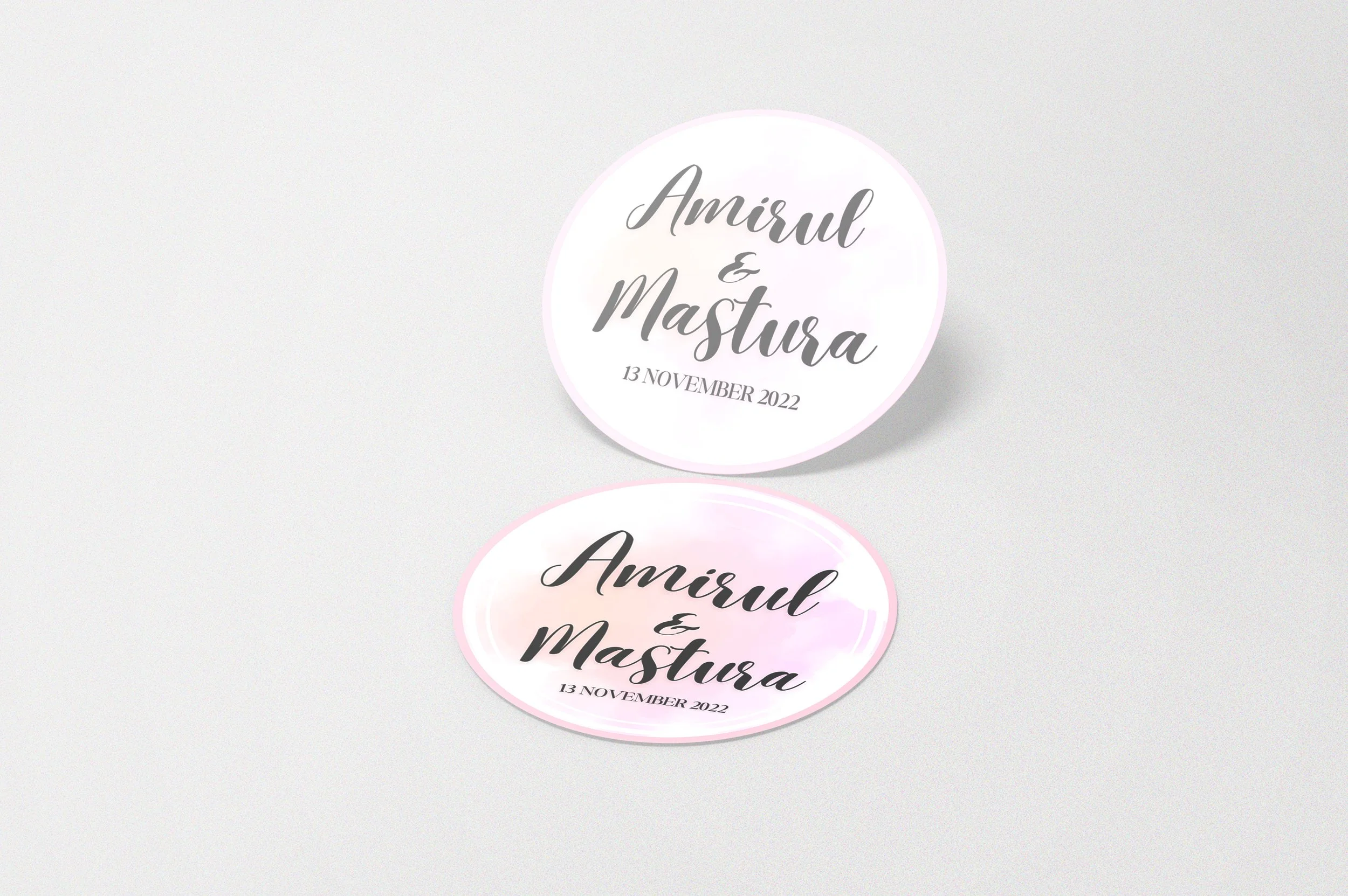 Two circular wedding invitations with "Amirul & Mastura" and the date "13 November 2022" in elegant script.
