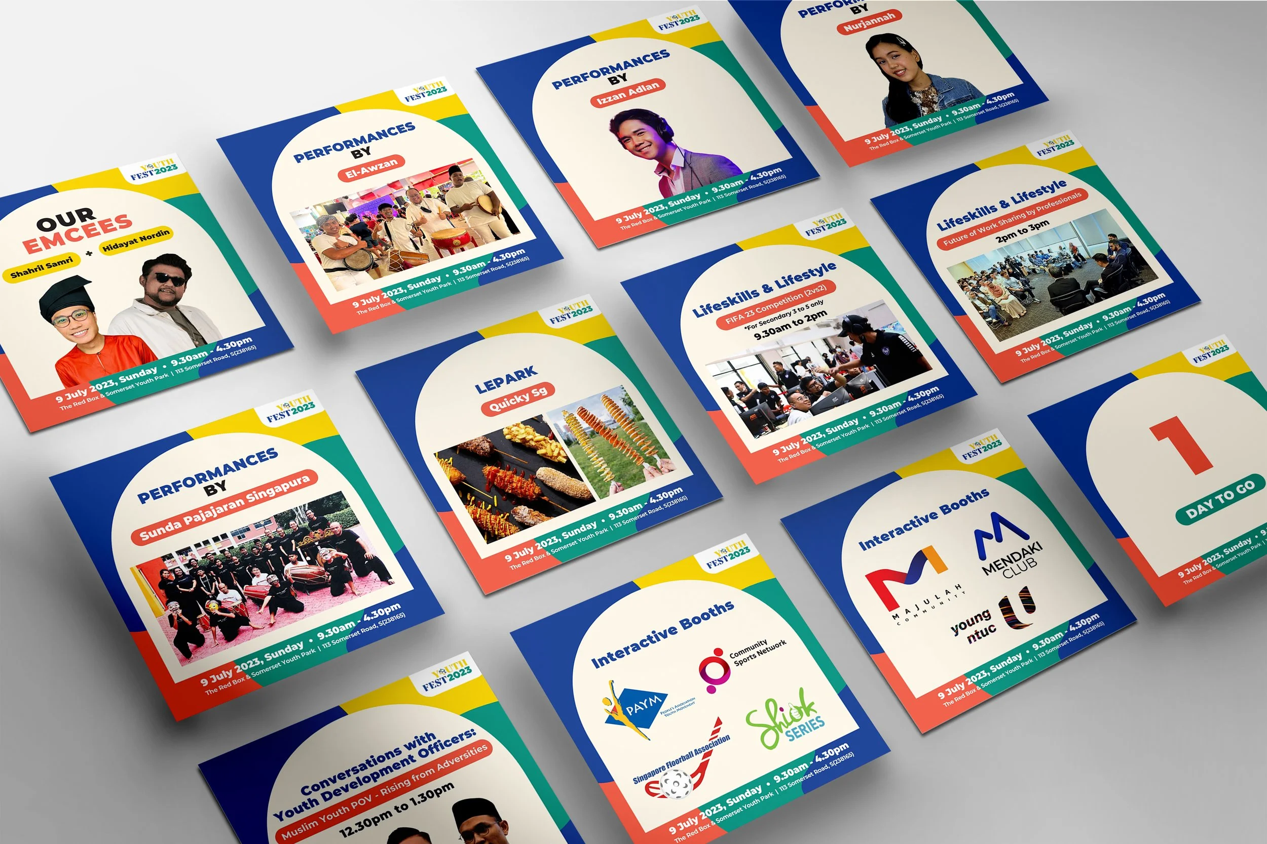 Promotional flyers for an event featuring performances, emcees, interactive booths, and lifestyle activities on Sunday, July 9, 2023.