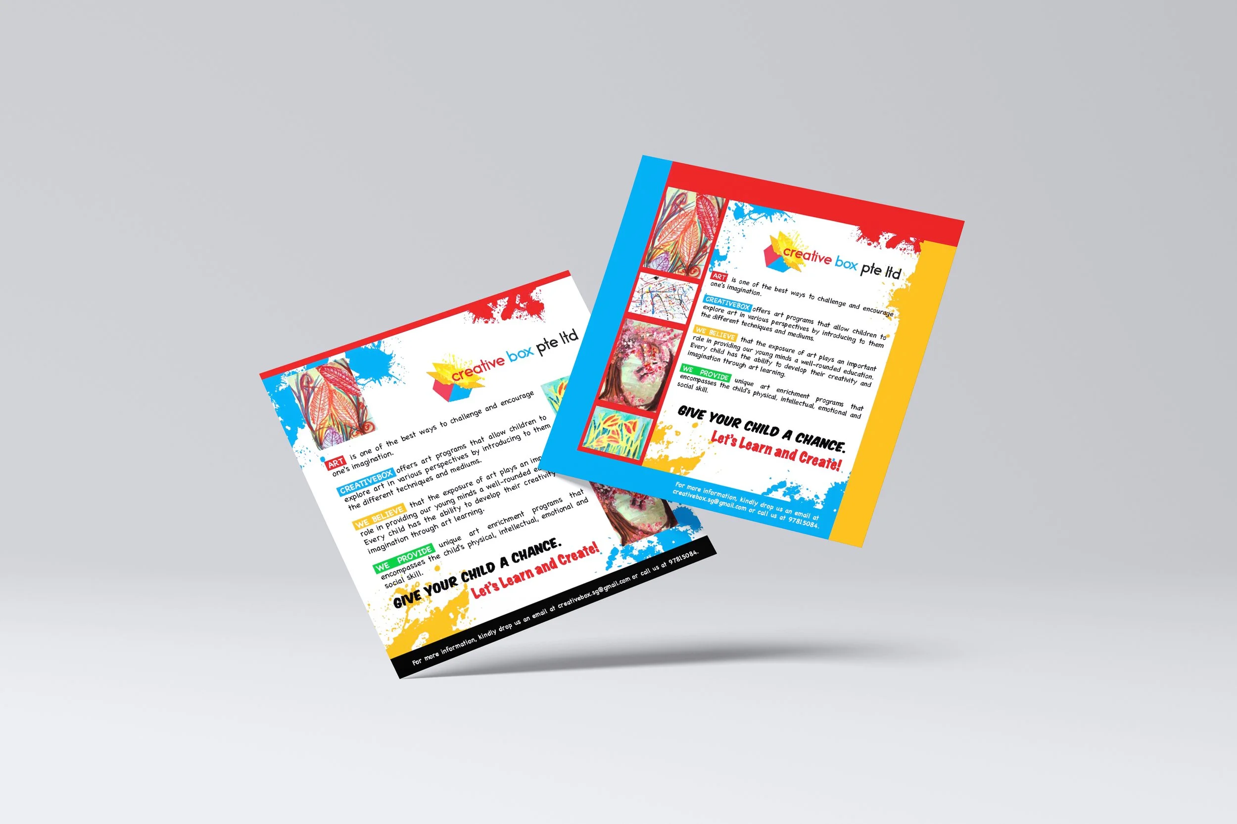 Two colorful flyers titled "Creative Box Pte Ltd," promoting art programs for children. They feature colorful designs, child artwork images, and text emphasizing creative development and benefits. The flyers encourage enrollment, highlighting art's r