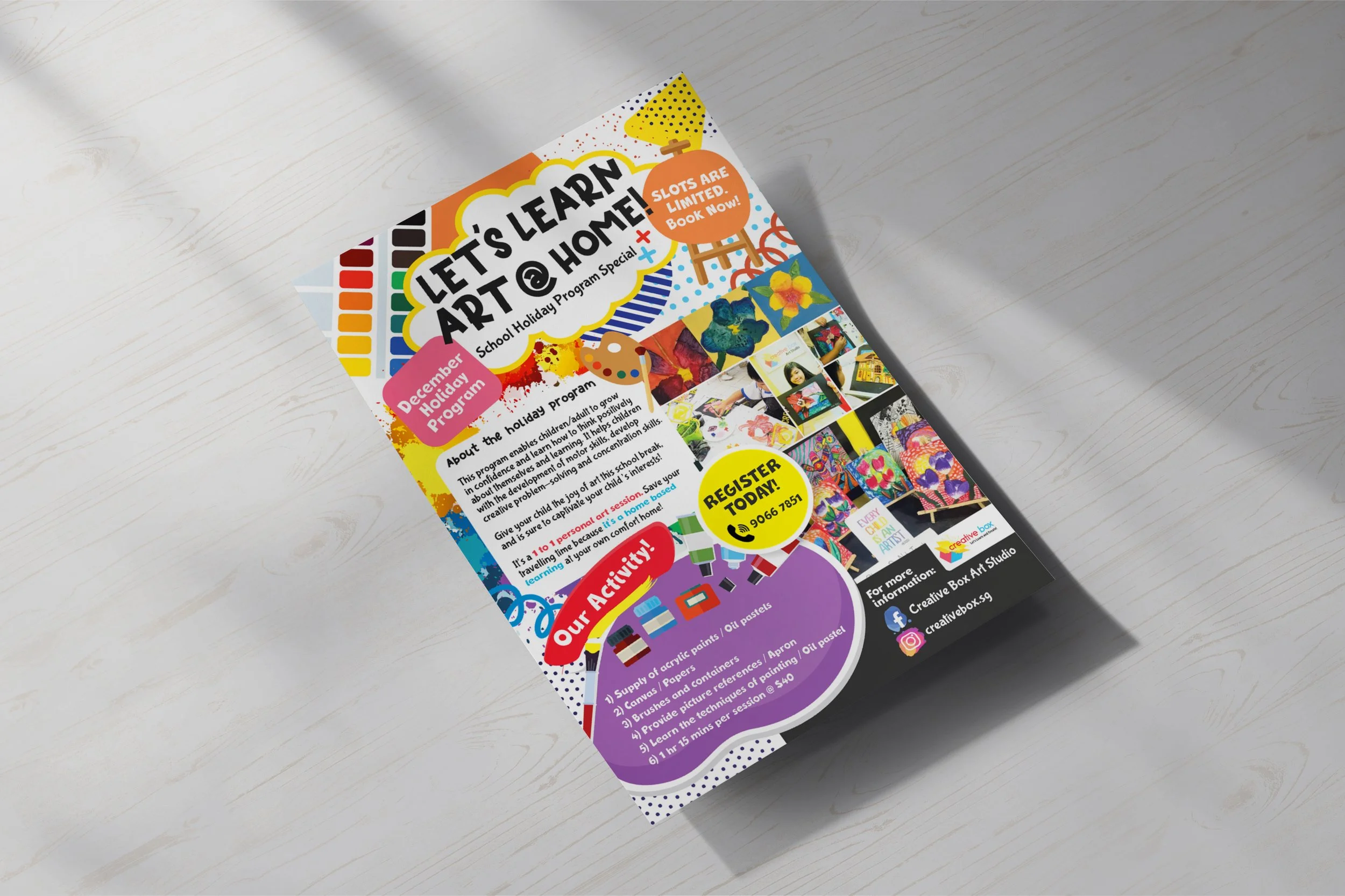 Flyer promoting "Let's Learn Art @ Home" December holiday program by Creative Box Art Studio. Features details of activities, registration info, colorful design elements, and contact details for more information on a wooden surface.