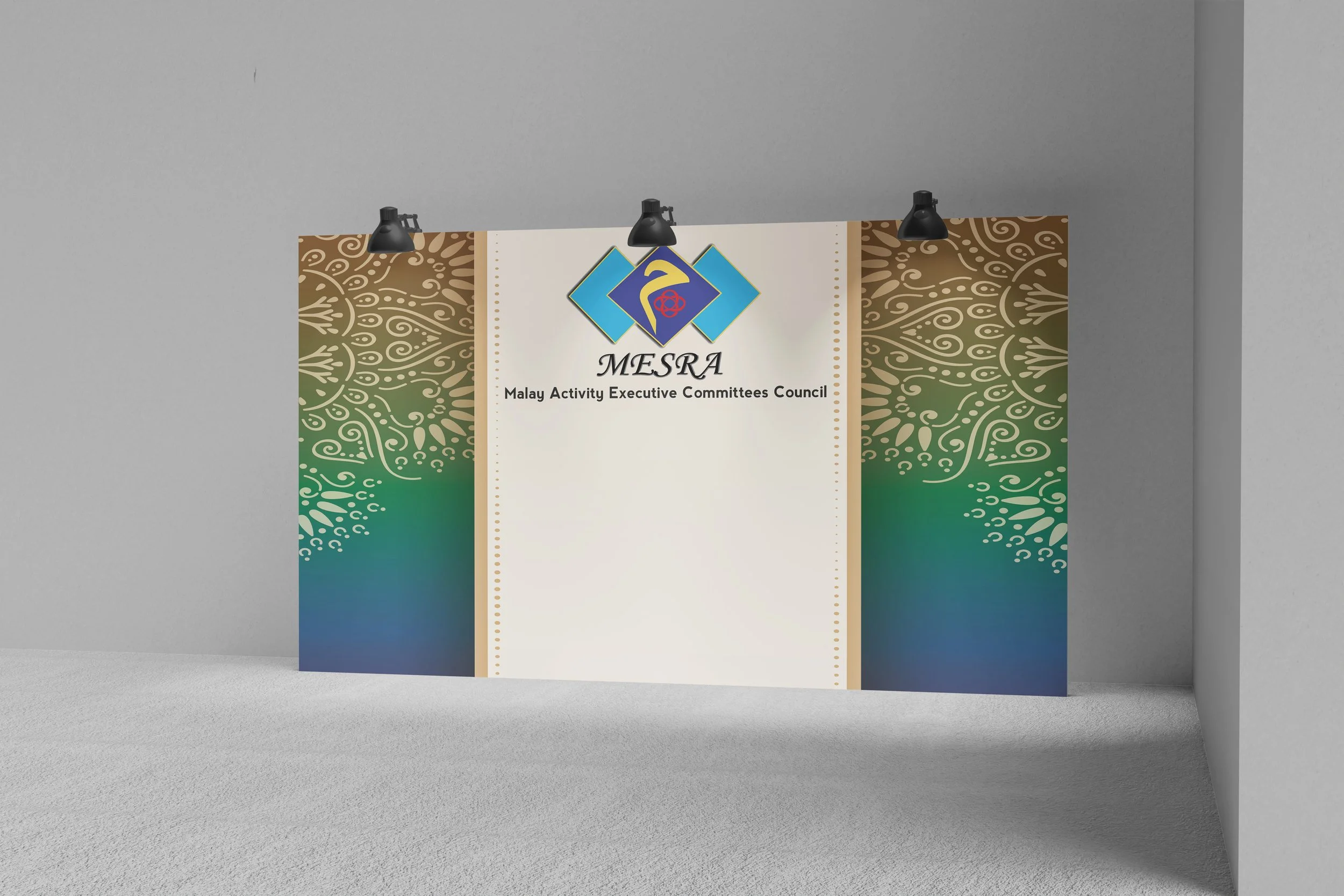Backdrop with MESRA Malay Activity Executive Committees Council logo, intricate design, and gradient colors.