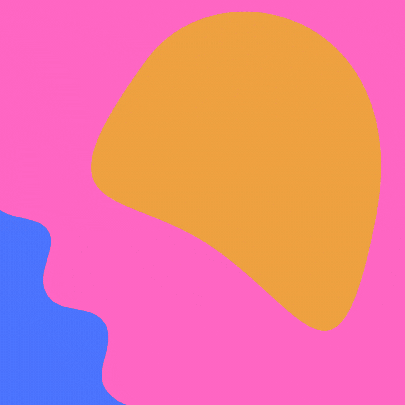 Abstract design with a large orange shape, blue curve, and pink background