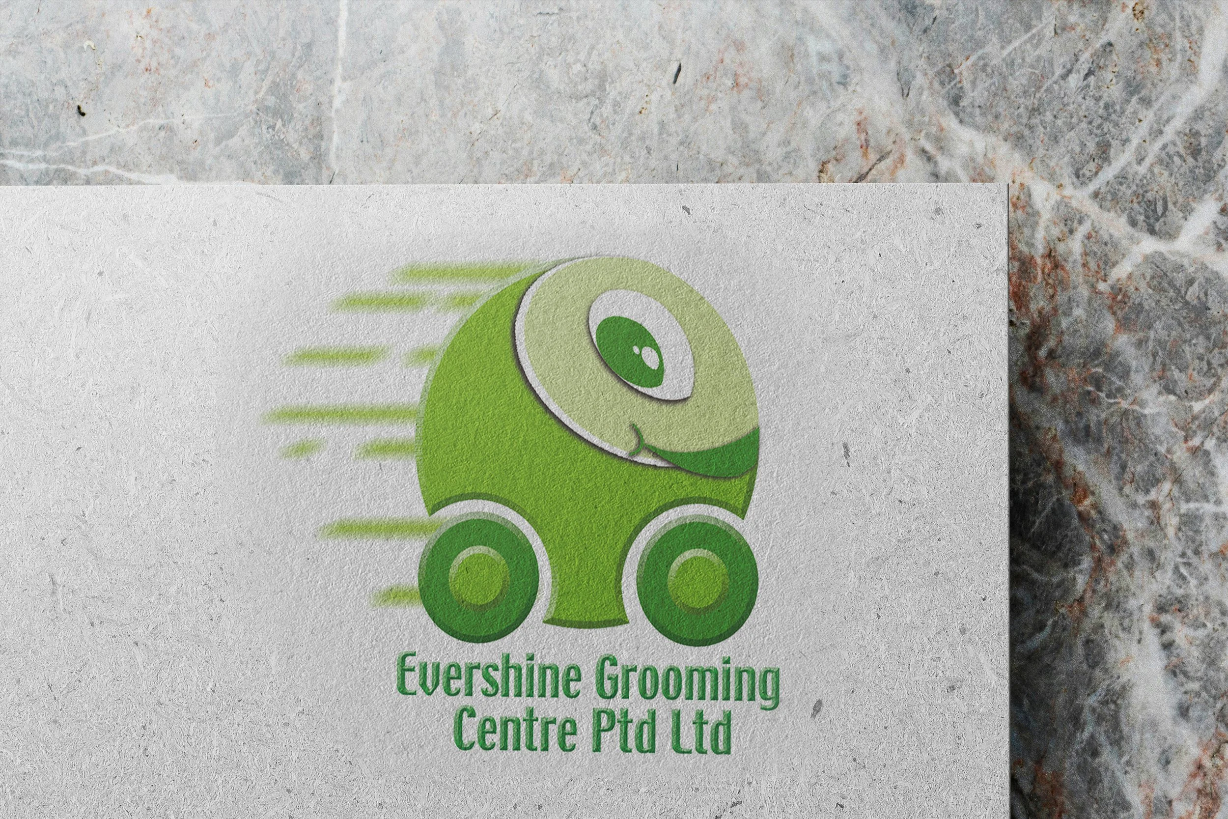 Logo of Evershine Grooming Centre Pty Ltd featuring a stylized green wheel or orb with motion lines, set against a textured marbled background.