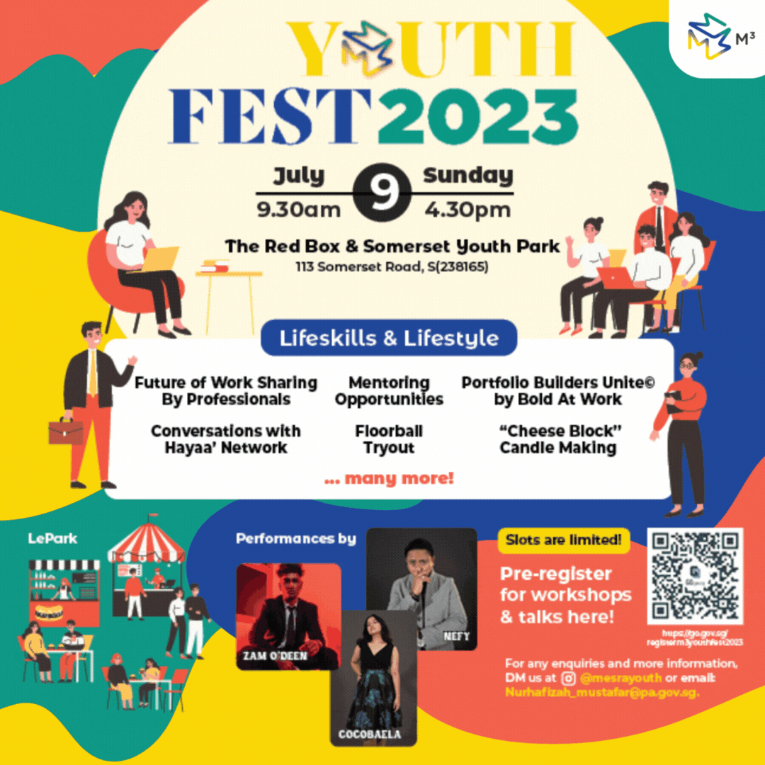 Youth Fest 2023 promotional poster featuring event details and activities. Date: July 9, Sunday, 9:30am to 4:30pm at The Red Box & Somerset Youth Park. Activities include future of work sharing, mentoring, floorball tryout, and more. Performances by