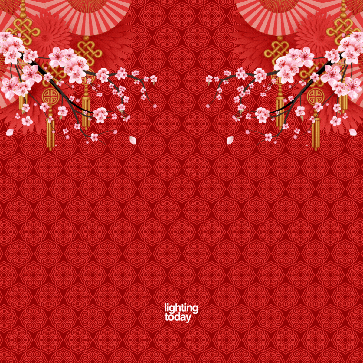 Chinese New Year-themed background with red pattern, cherry blossoms, and traditional decorative elements. "Lighting Today" text at the bottom.