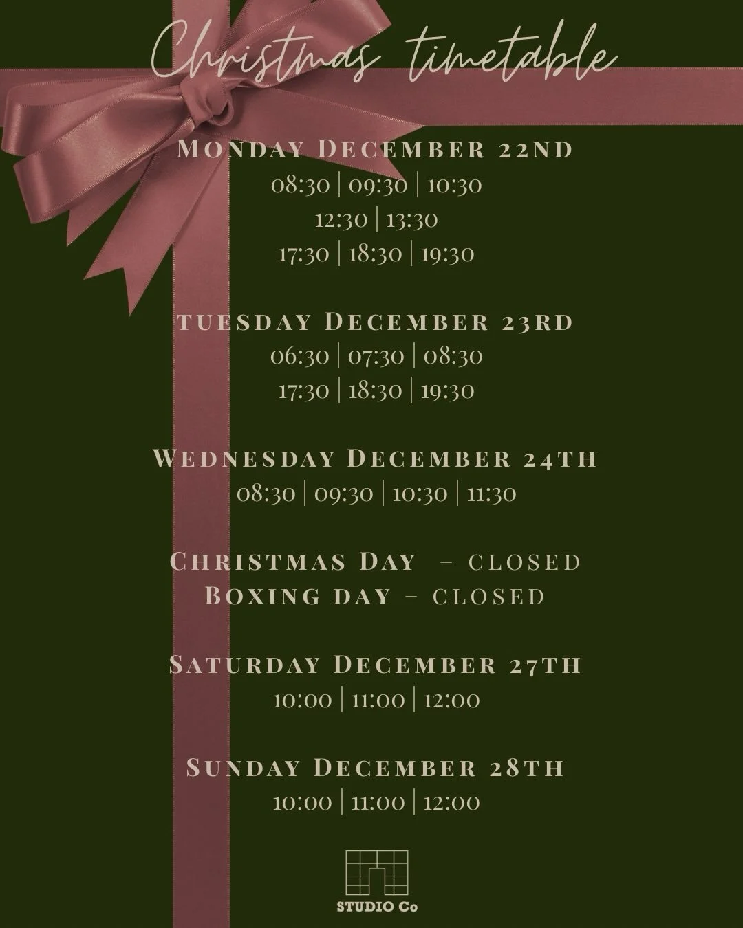 ✨ Christmas &amp; New Year Studio Hours ✨
We&rsquo;re going to keep you moving through the festive season. Save this post, book ahead, and come move with us between mince pies &amp; bubbles 🫶🏼

See you on the reformer 🤍 🎄🤍

#StudioCoSevenoaks #p
