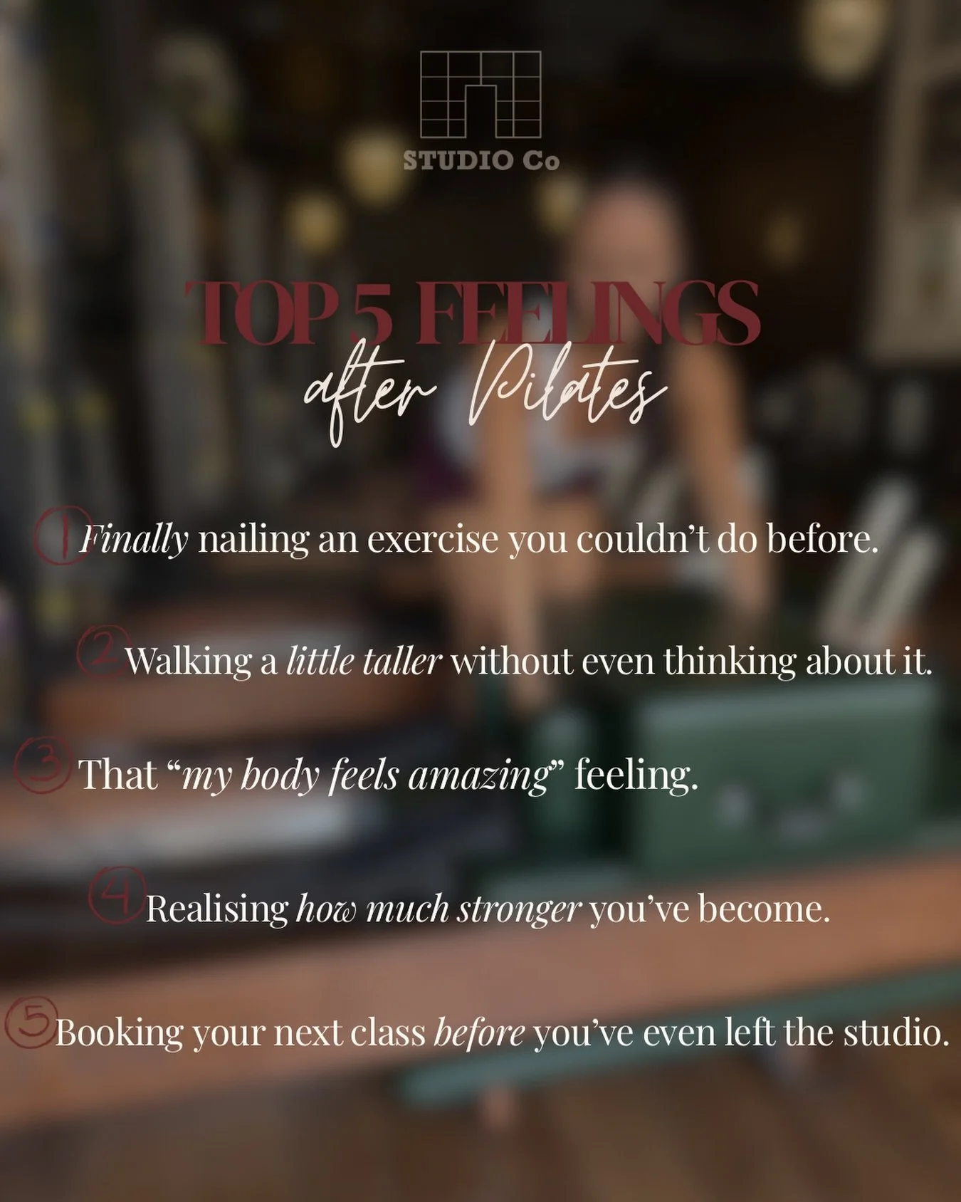 POV: You just finished Pilates &hellip;

☁️ Lighter.
✨ Stronger.
🤍 Calmer.
😌 Looser.
📅 Booking your next class.

Can you relate? What feeling needs to be on this list? 👇

#yourwellnessyourstudio #studioco #pilates #feelgoodmovement #pilatescommun